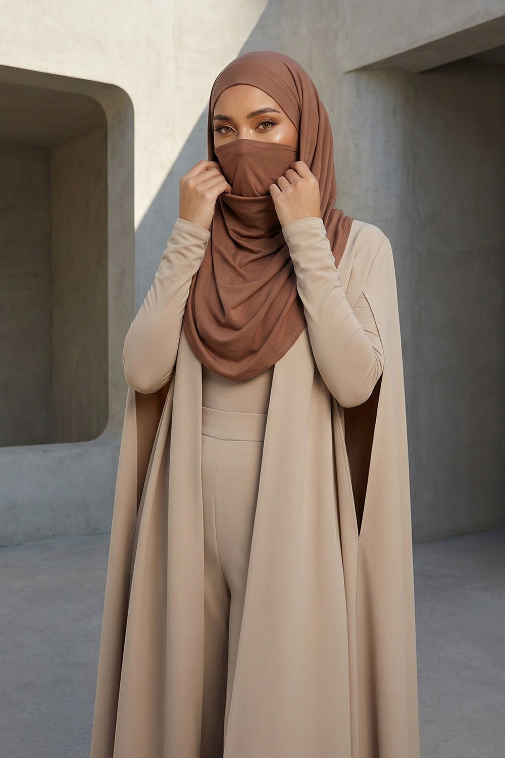 Neck-Covering Jersey Hijab with Built-In Niqab and Undercap, Premium Jersey Hijab with Integrated Bonnet and Face Veil,PS-58 Caramel Brown