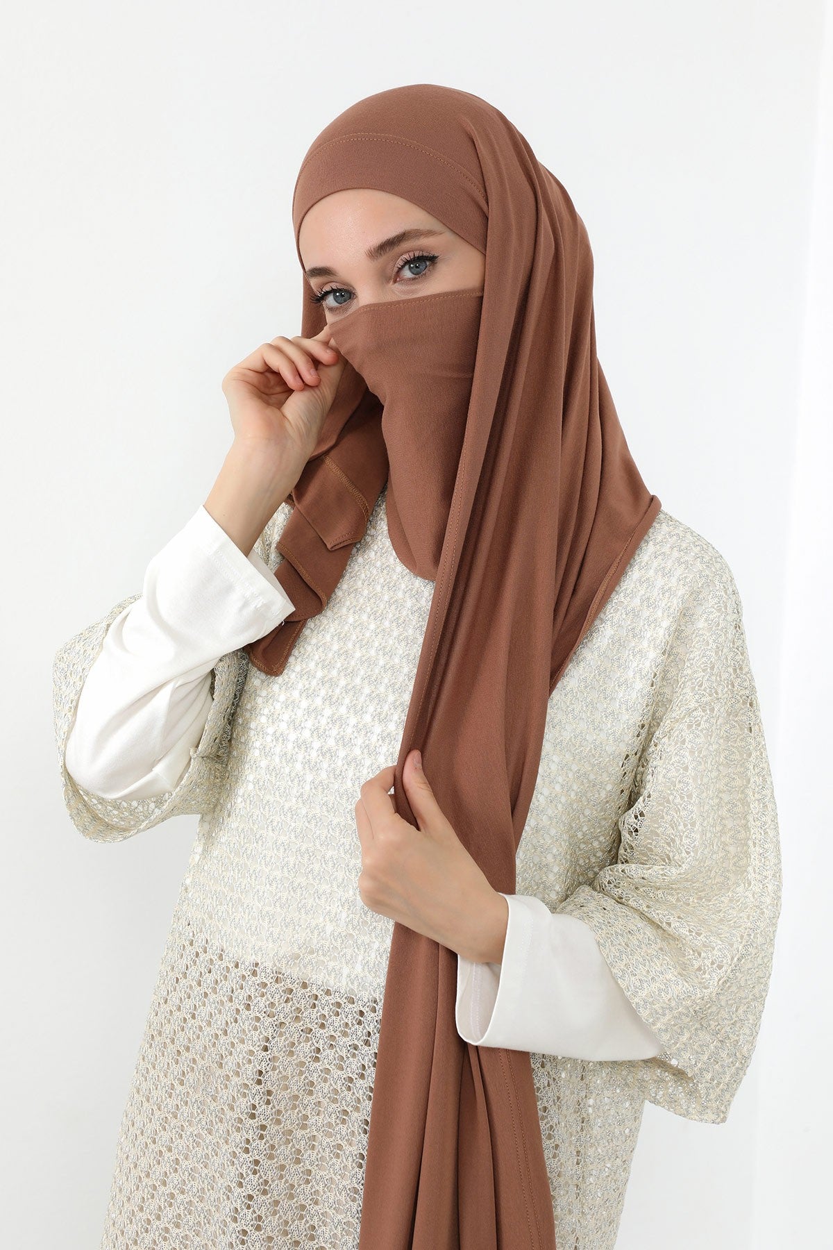 Neck-Covering Jersey Hijab with Built-In Niqab and Undercap, Premium Jersey Hijab with Integrated Bonnet and Face Veil,PS-58 Caramel Brown