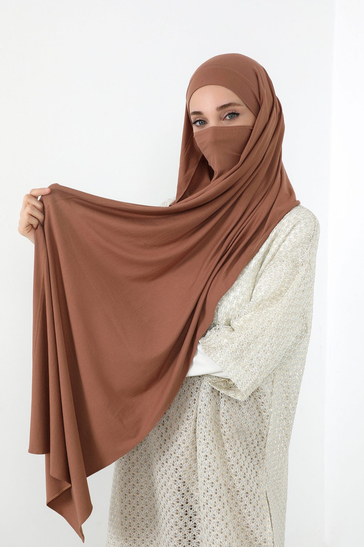 Neck-Covering Jersey Hijab with Built-In Niqab and Undercap, Premium Jersey Hijab with Integrated Bonnet and Face Veil,PS-58 Caramel Brown