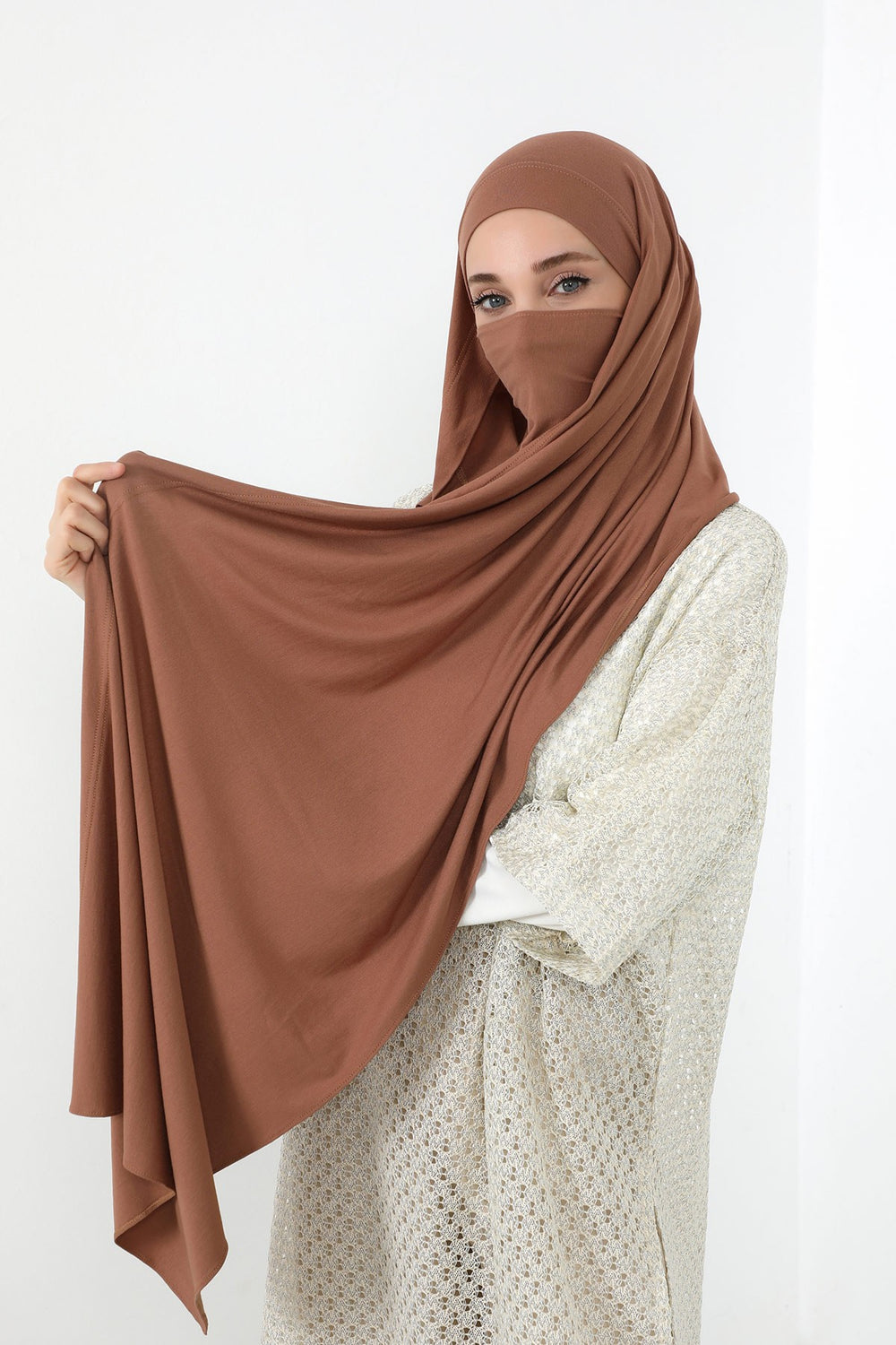 Neck-Covering Jersey Hijab with Built-In Niqab and Undercap, Premium Jersey Hijab with Integrated Bonnet and Face Veil,PS-58 Caramel Brown