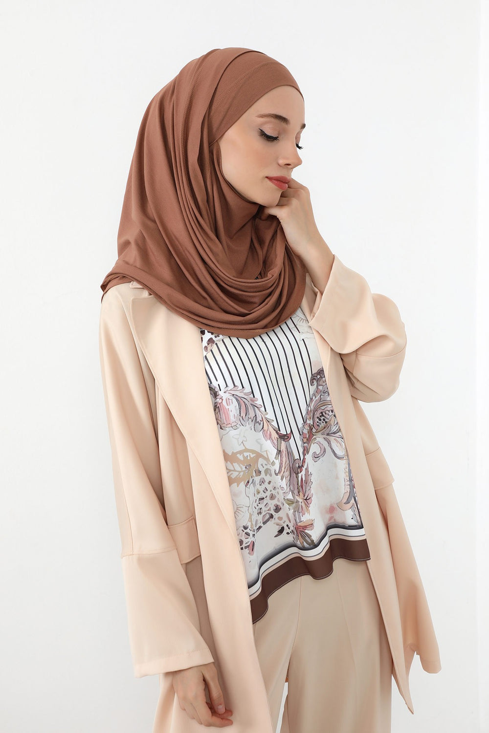 Neck-Covering Jersey Hijab with Built-In Niqab and Undercap, Premium Jersey Hijab with Integrated Bonnet and Face Veil,PS-58 Caramel Brown