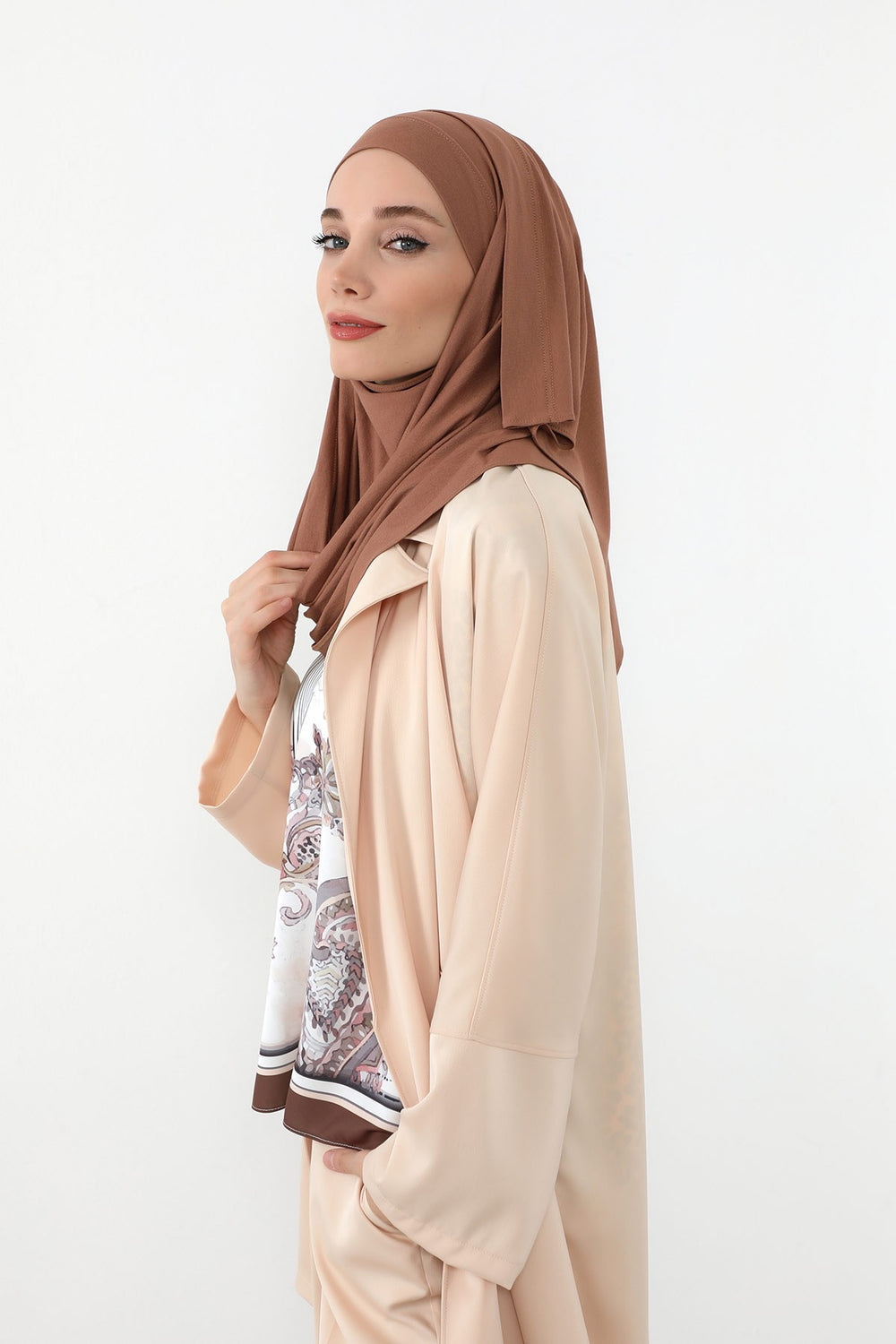 Neck-Covering Jersey Hijab with Built-In Niqab and Undercap, Premium Jersey Hijab with Integrated Bonnet and Face Veil,PS-58 Caramel Brown