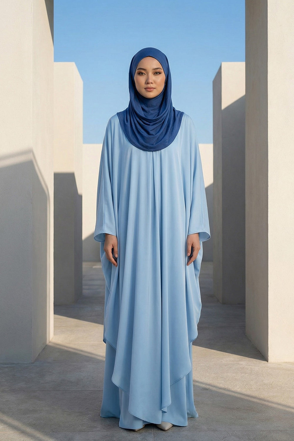 Neck-Covering Jersey Hijab with Built-In Niqab and Undercap, Premium Jersey Hijab with Integrated Bonnet and Face Veil,PS-58 İndigo