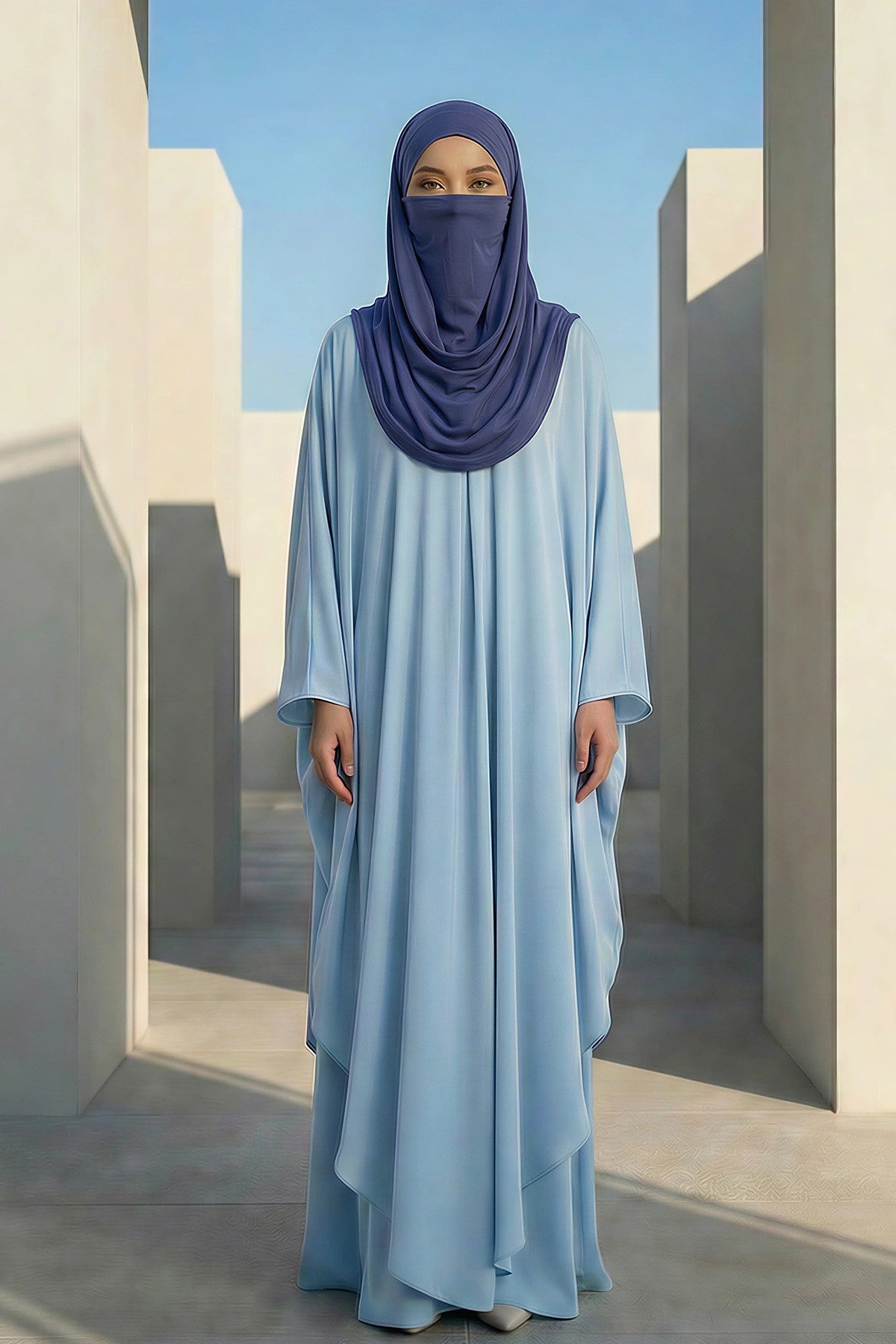 Neck-Covering Jersey Hijab with Built-In Niqab and Undercap, Premium Jersey Hijab with Integrated Bonnet and Face Veil,PS-58 İndigo
