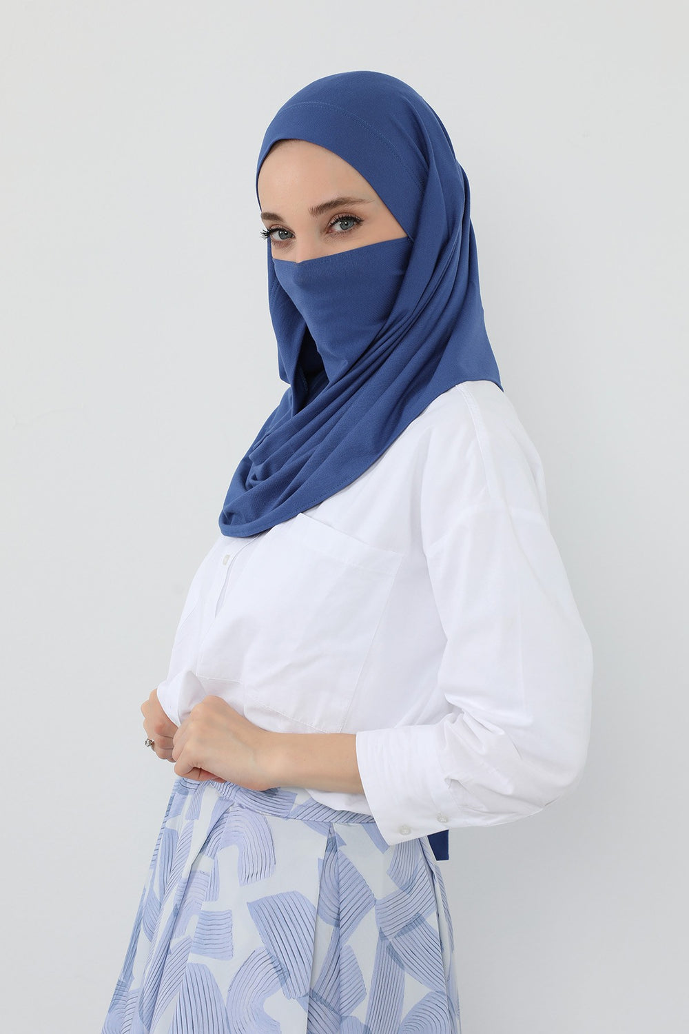 Neck-Covering Jersey Hijab with Built-In Niqab and Undercap, Premium Jersey Hijab with Integrated Bonnet and Face Veil,PS-58 İndigo