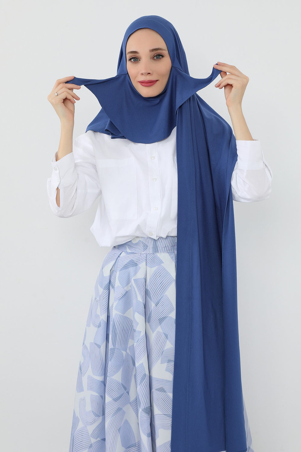 Neck-Covering Jersey Hijab with Built-In Niqab and Undercap, Premium Jersey Hijab with Integrated Bonnet and Face Veil,PS-58 İndigo