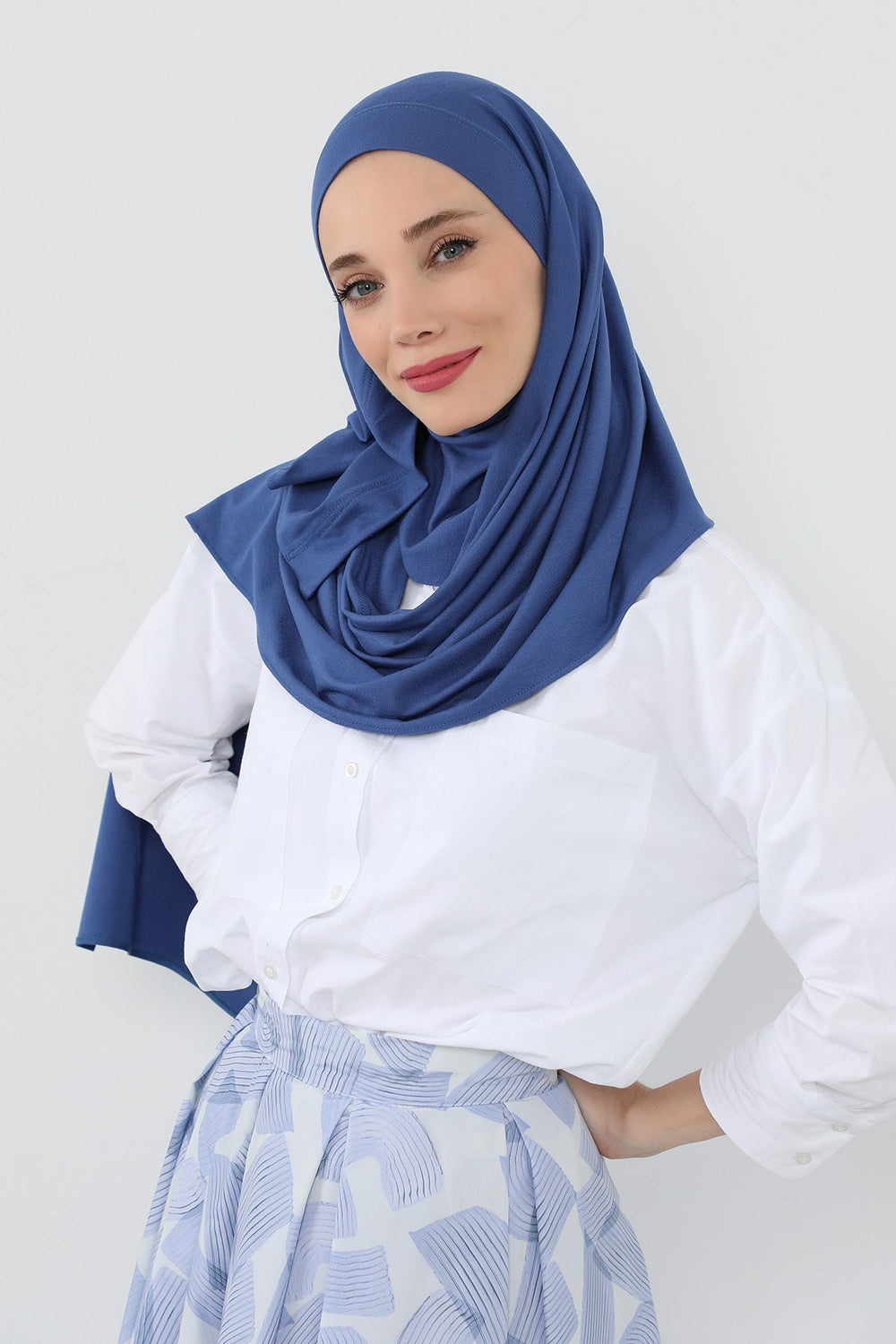 Neck-Covering Jersey Hijab with Built-In Niqab and Undercap, Premium Jersey Hijab with Integrated Bonnet and Face Veil,PS-58 İndigo