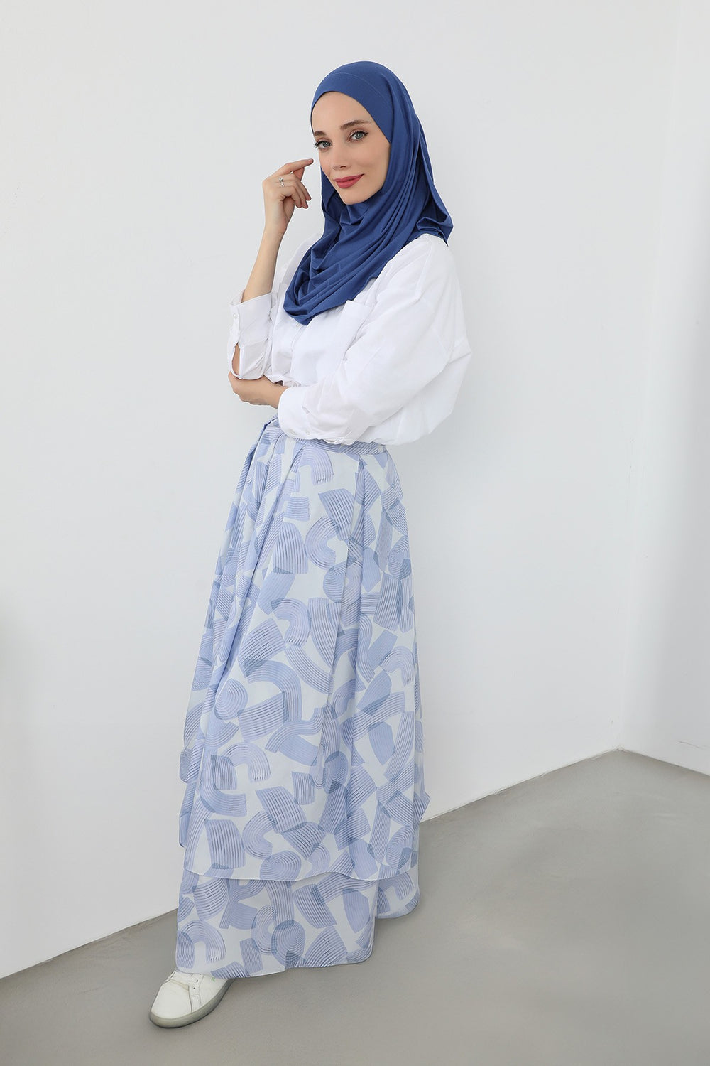 Neck-Covering Jersey Hijab with Built-In Niqab and Undercap, Premium Jersey Hijab with Integrated Bonnet and Face Veil,PS-58 İndigo
