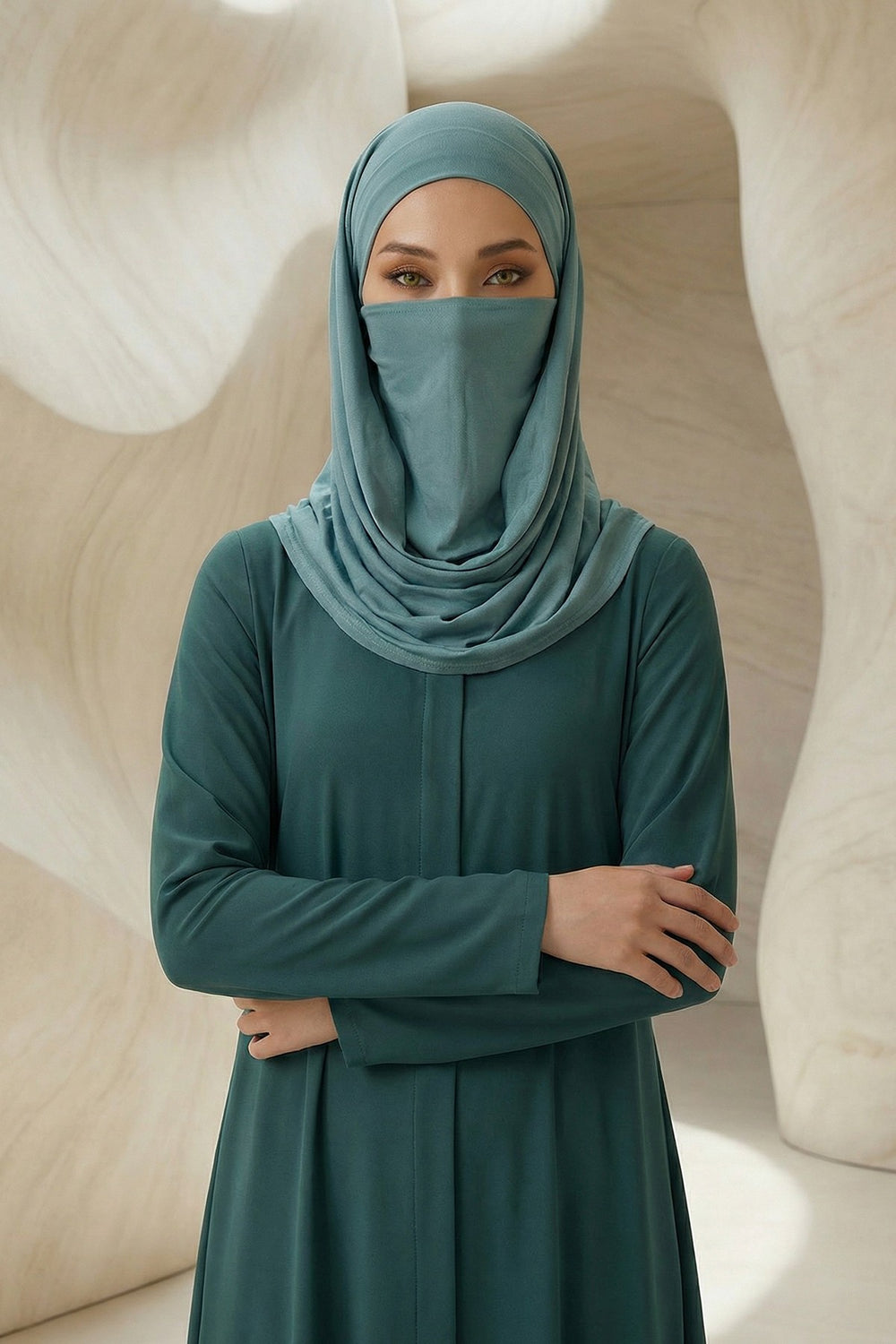 Neck-Covering Jersey Hijab with Built-In Niqab and Undercap, Premium Jersey Hijab with Integrated Bonnet and Face Veil,PS-58 Dark Mint