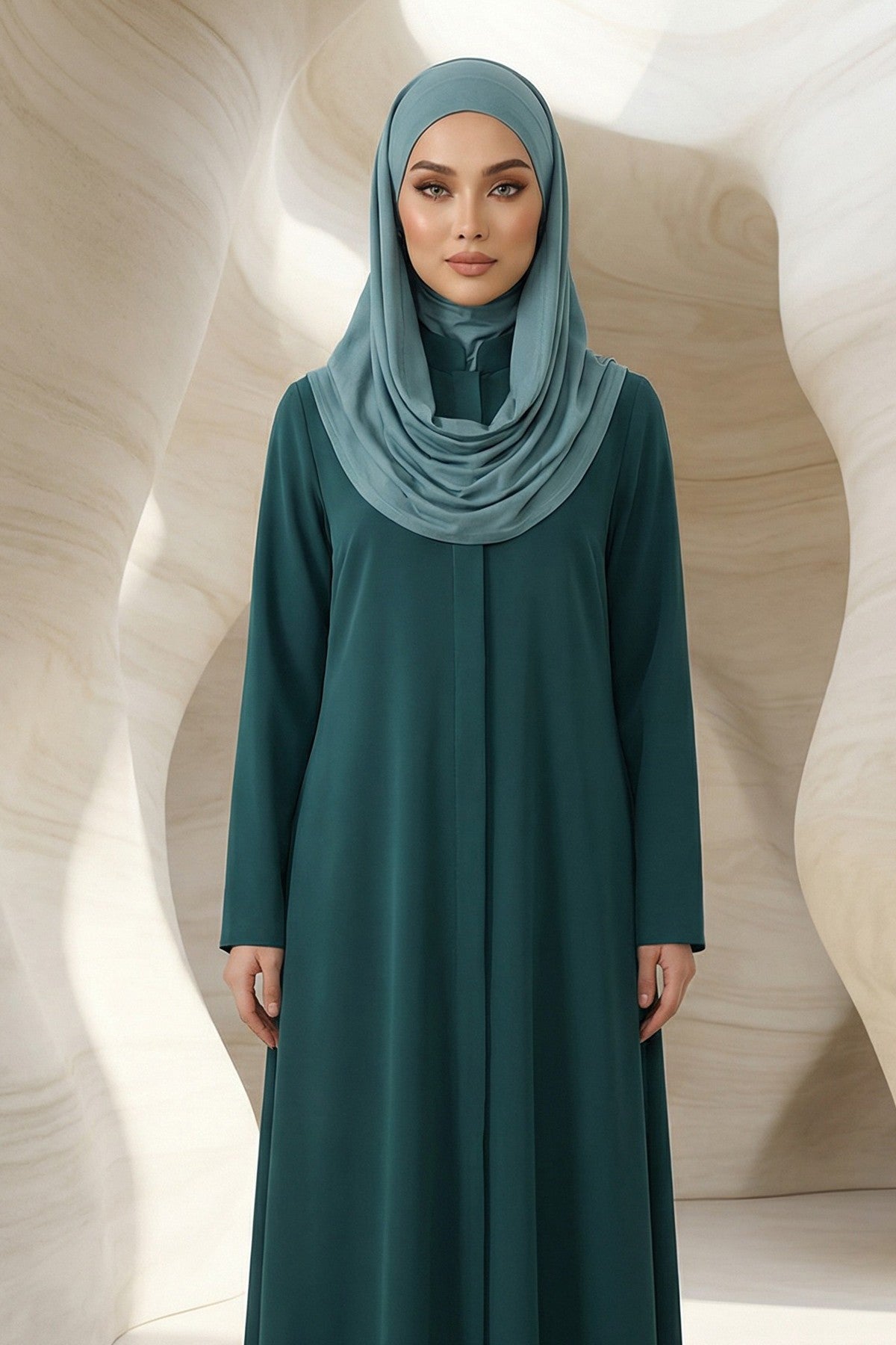 Neck-Covering Jersey Hijab with Built-In Niqab and Undercap, Premium Jersey Hijab with Integrated Bonnet and Face Veil,PS-58 Dark Mint