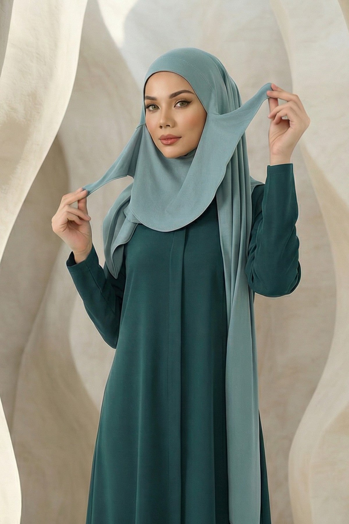 Neck-Covering Jersey Hijab with Built-In Niqab and Undercap, Premium Jersey Hijab with Integrated Bonnet and Face Veil,PS-58 Dark Mint