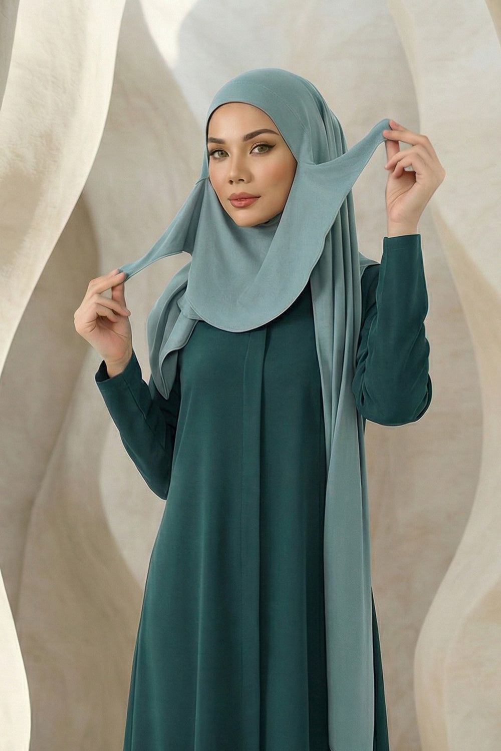 Neck-Covering Jersey Hijab with Built-In Niqab and Undercap, Premium Jersey Hijab with Integrated Bonnet and Face Veil,PS-58 Dark Mint