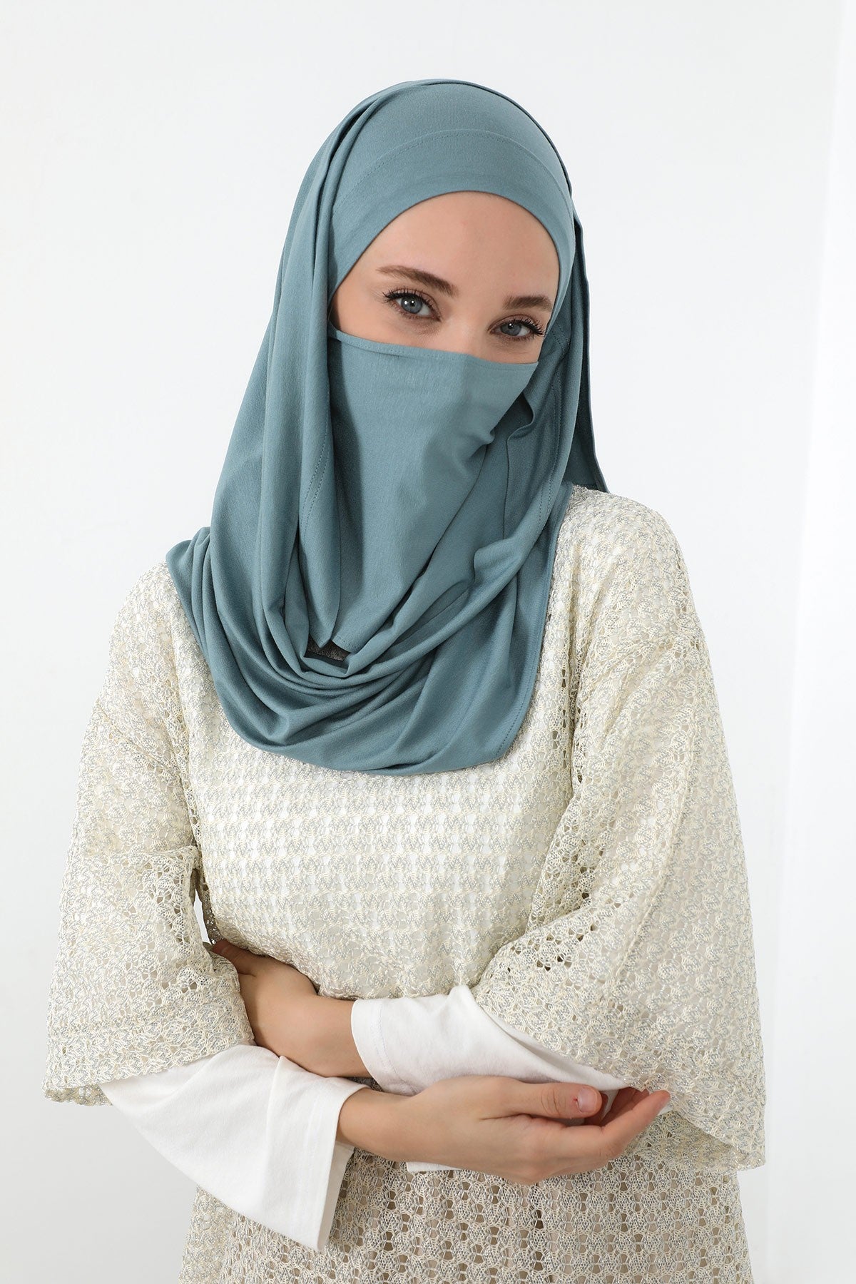 Neck-Covering Jersey Hijab with Built-In Niqab and Undercap, Premium Jersey Hijab with Integrated Bonnet and Face Veil,PS-58 Dark Mint