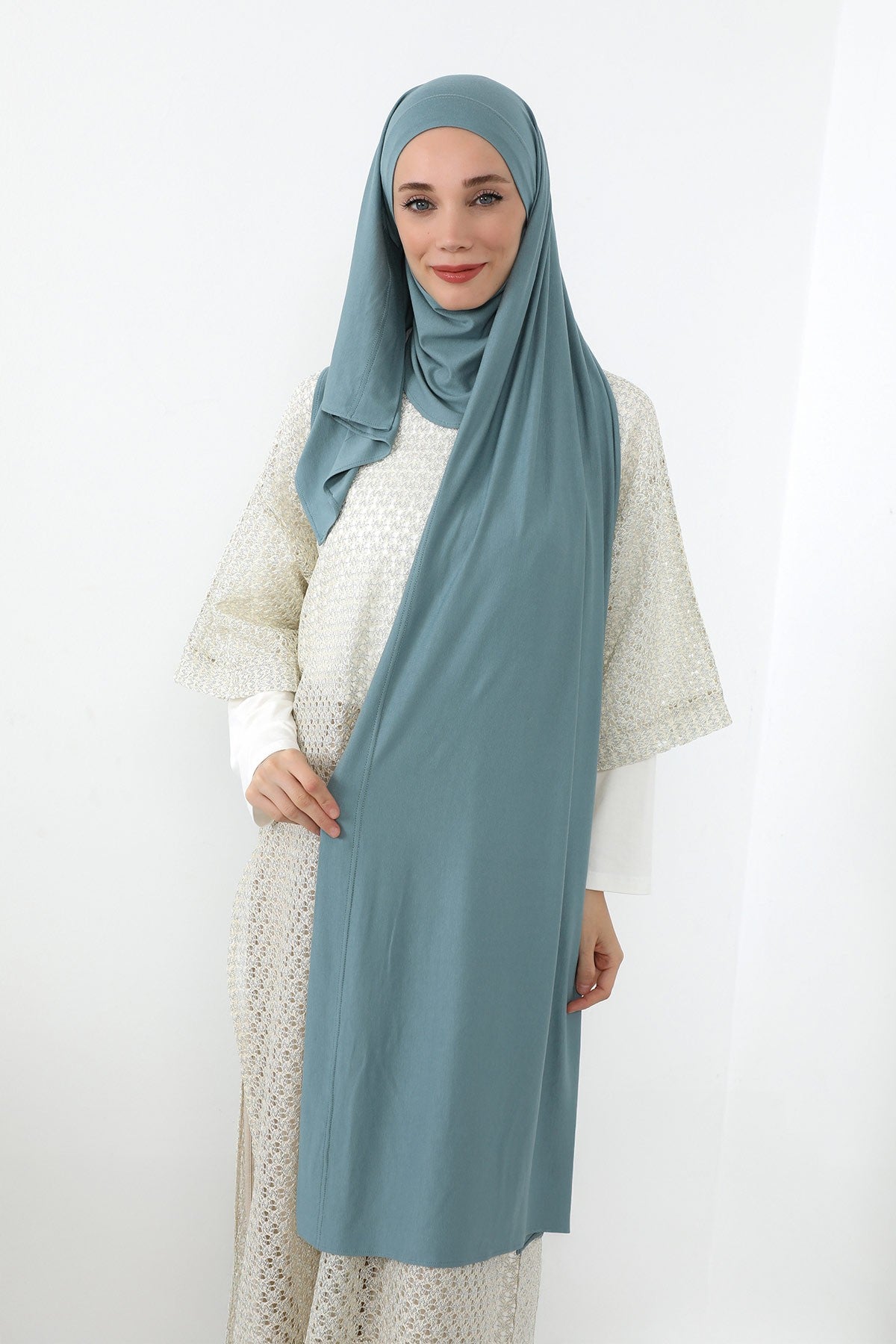 Neck-Covering Jersey Hijab with Built-In Niqab and Undercap, Premium Jersey Hijab with Integrated Bonnet and Face Veil,PS-58 Dark Mint