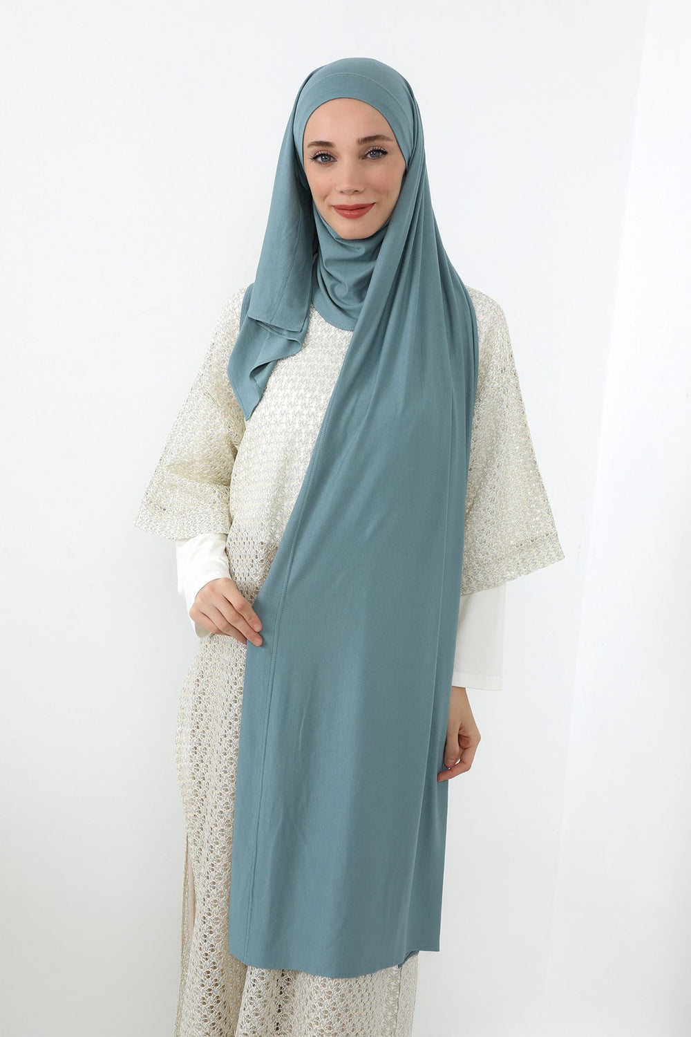 Neck-Covering Jersey Hijab with Built-In Niqab and Undercap, Premium Jersey Hijab with Integrated Bonnet and Face Veil,PS-58 Dark Mint