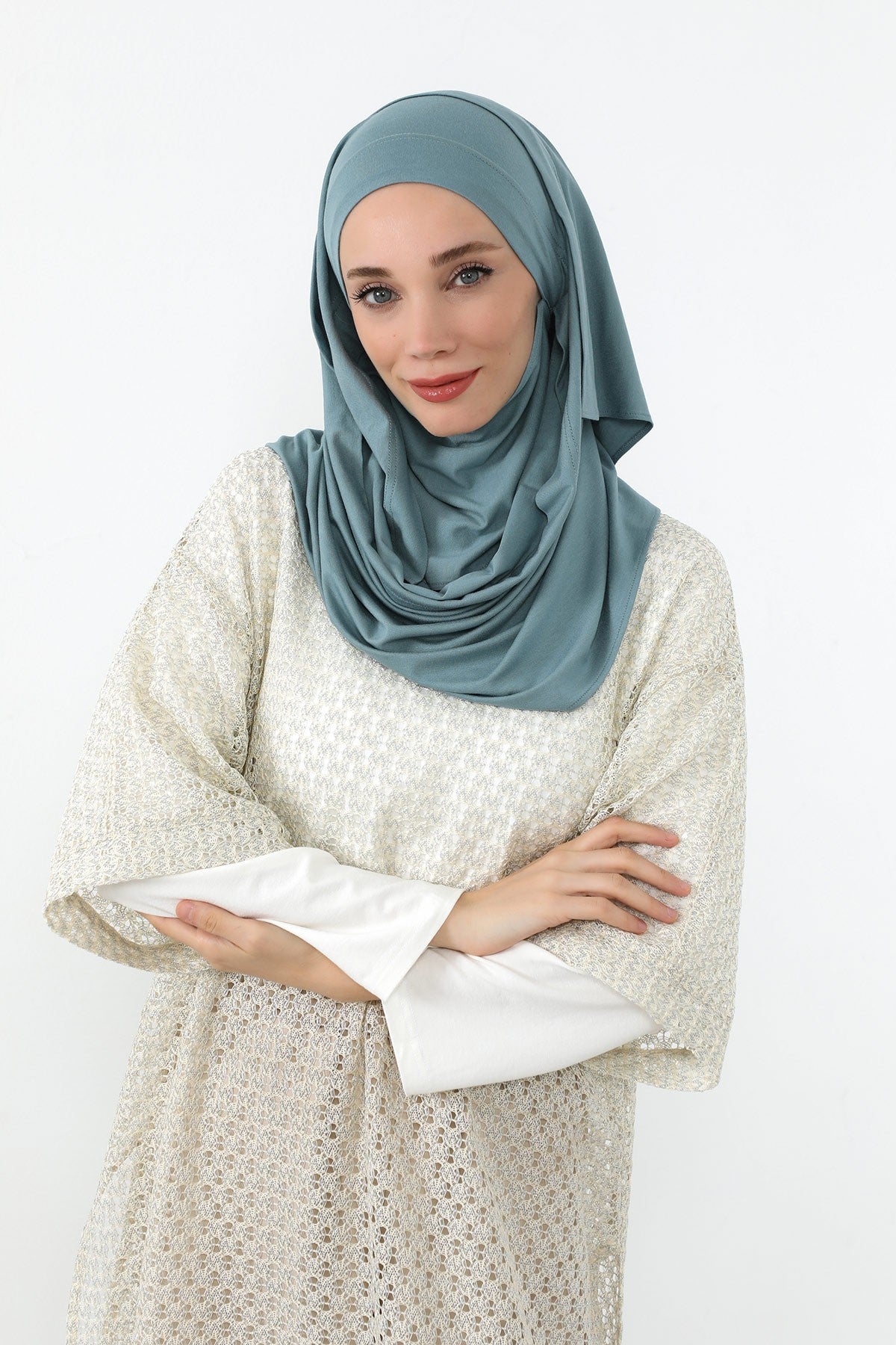 Neck-Covering Jersey Hijab with Built-In Niqab and Undercap, Premium Jersey Hijab with Integrated Bonnet and Face Veil,PS-58 Dark Mint