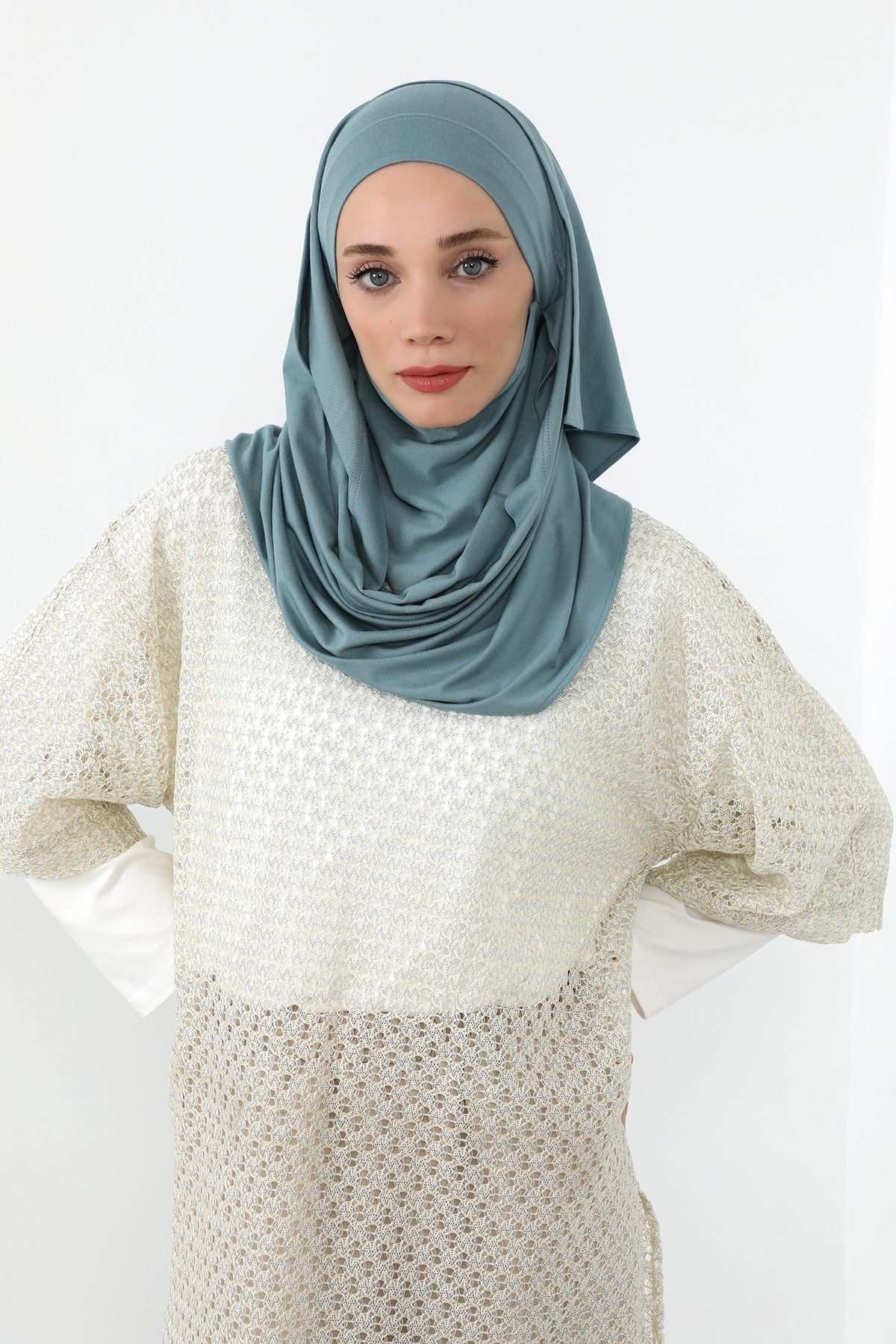 Neck-Covering Jersey Hijab with Built-In Niqab and Undercap, Premium Jersey Hijab with Integrated Bonnet and Face Veil,PS-58 Dark Mint