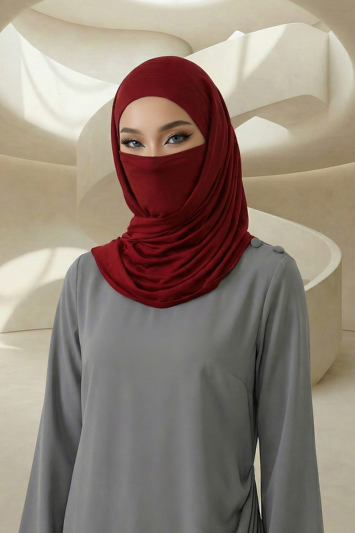 Neck-Covering Jersey Hijab with Built-In Niqab and Undercap, Premium Jersey Hijab with Integrated Bonnet and Face Veil,PS-58 Maroon
