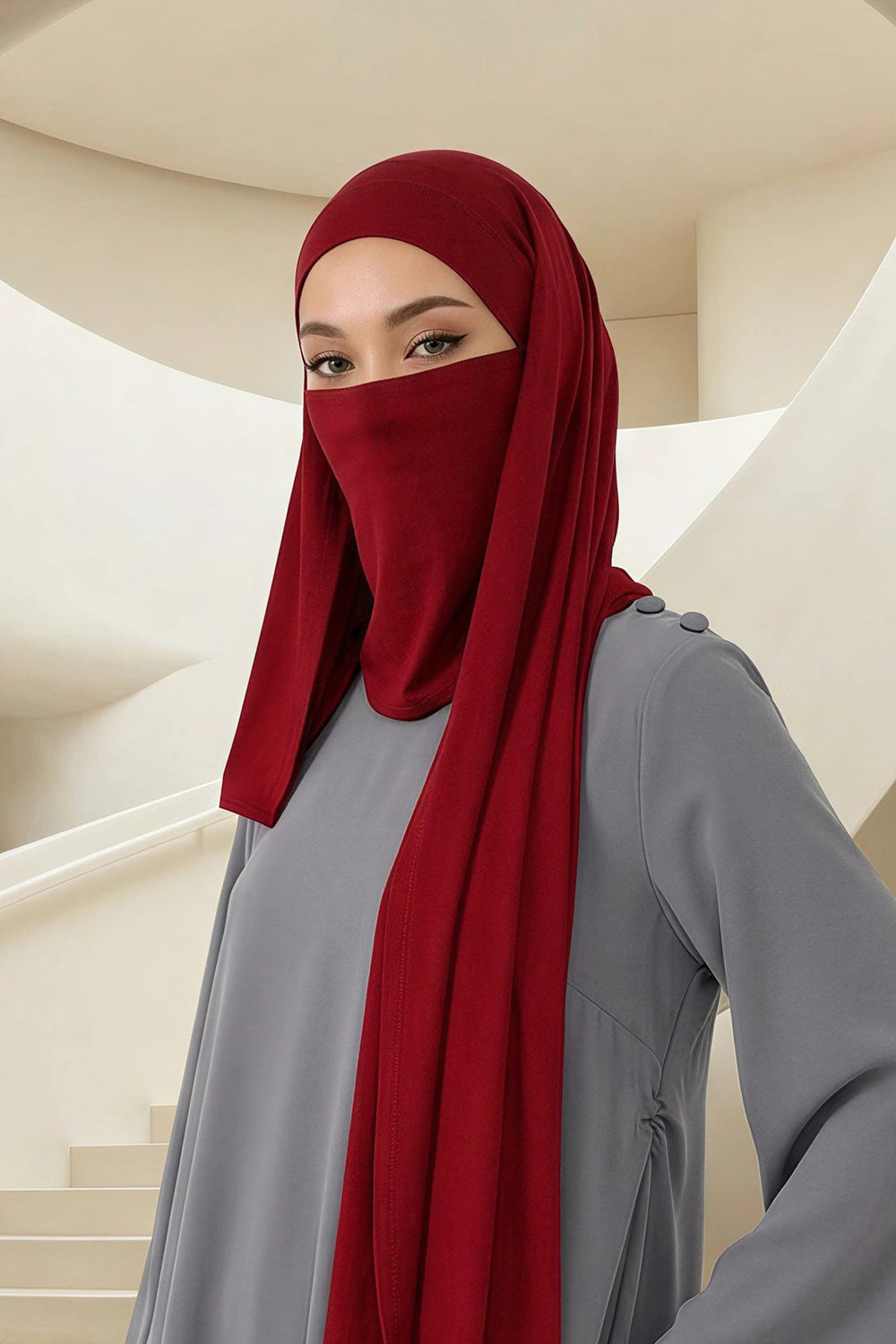 Neck-Covering Jersey Hijab with Built-In Niqab and Undercap, Premium Jersey Hijab with Integrated Bonnet and Face Veil,PS-58 Maroon