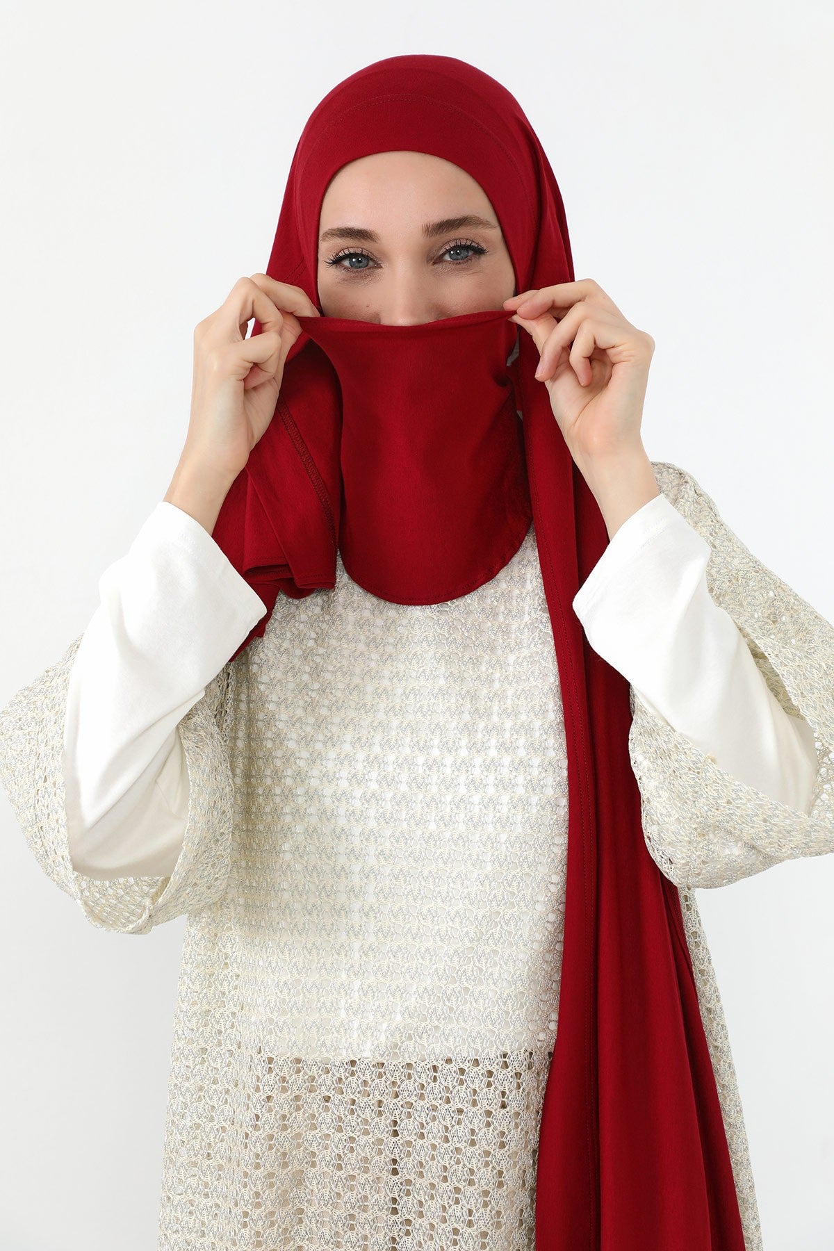 Neck-Covering Jersey Hijab with Built-In Niqab and Undercap, Premium Jersey Hijab with Integrated Bonnet and Face Veil,PS-58 Maroon
