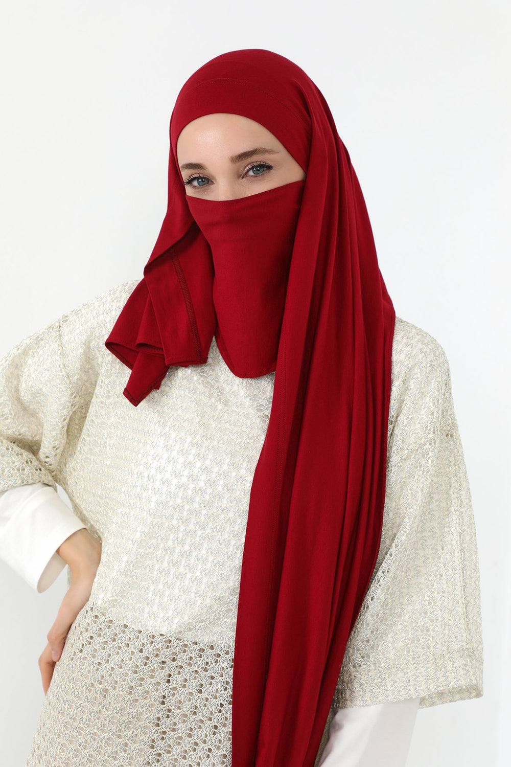 Neck-Covering Jersey Hijab with Built-In Niqab and Undercap, Premium Jersey Hijab with Integrated Bonnet and Face Veil,PS-58 Maroon