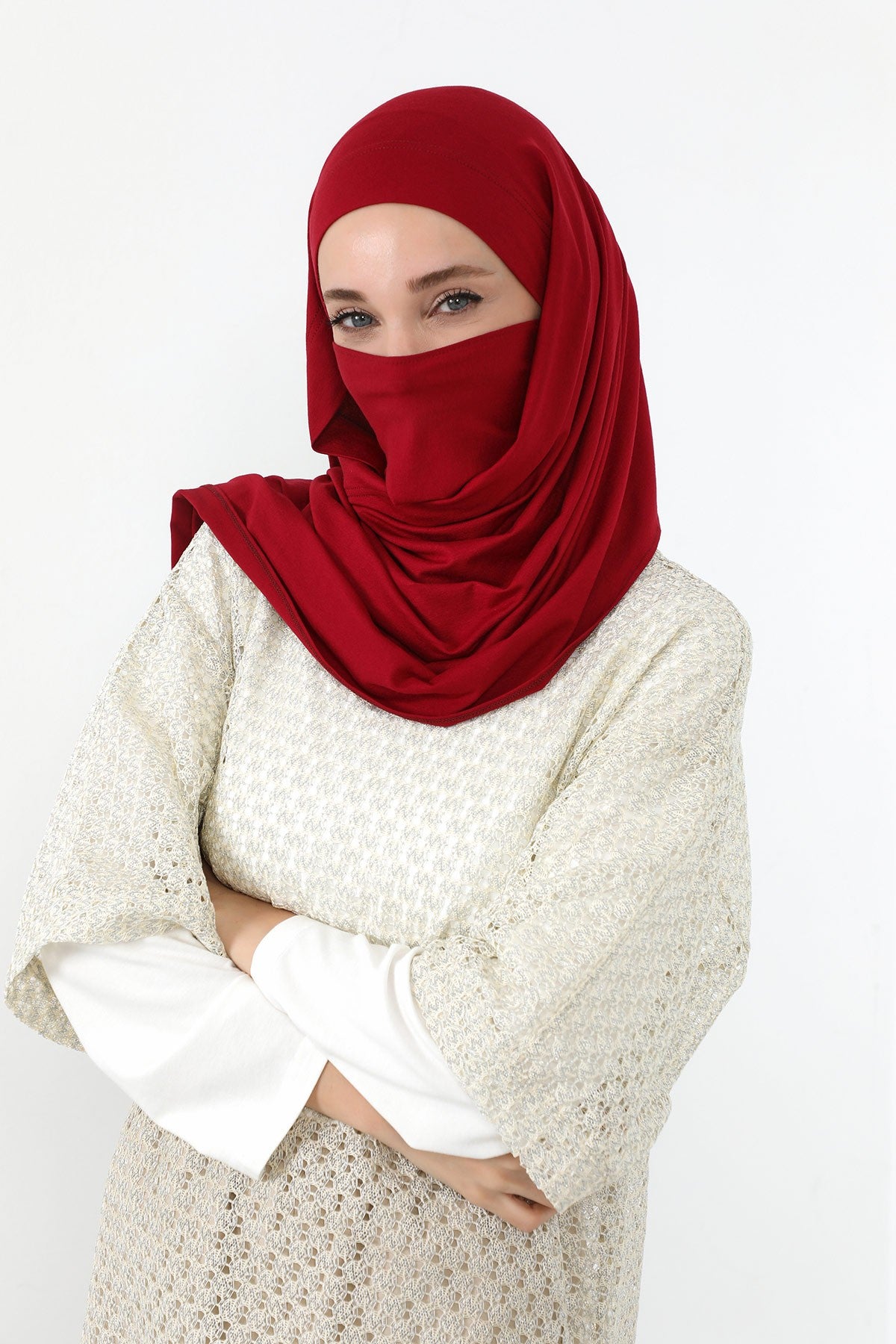 Neck-Covering Jersey Hijab with Built-In Niqab and Undercap, Premium Jersey Hijab with Integrated Bonnet and Face Veil,PS-58 Maroon