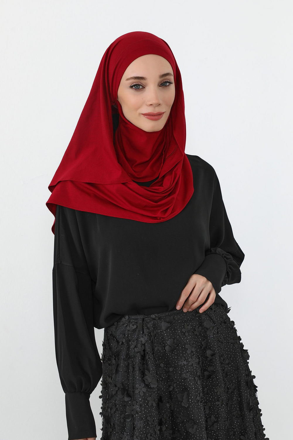 Neck-Covering Jersey Hijab with Built-In Niqab and Undercap, Premium Jersey Hijab with Integrated Bonnet and Face Veil,PS-58 Maroon