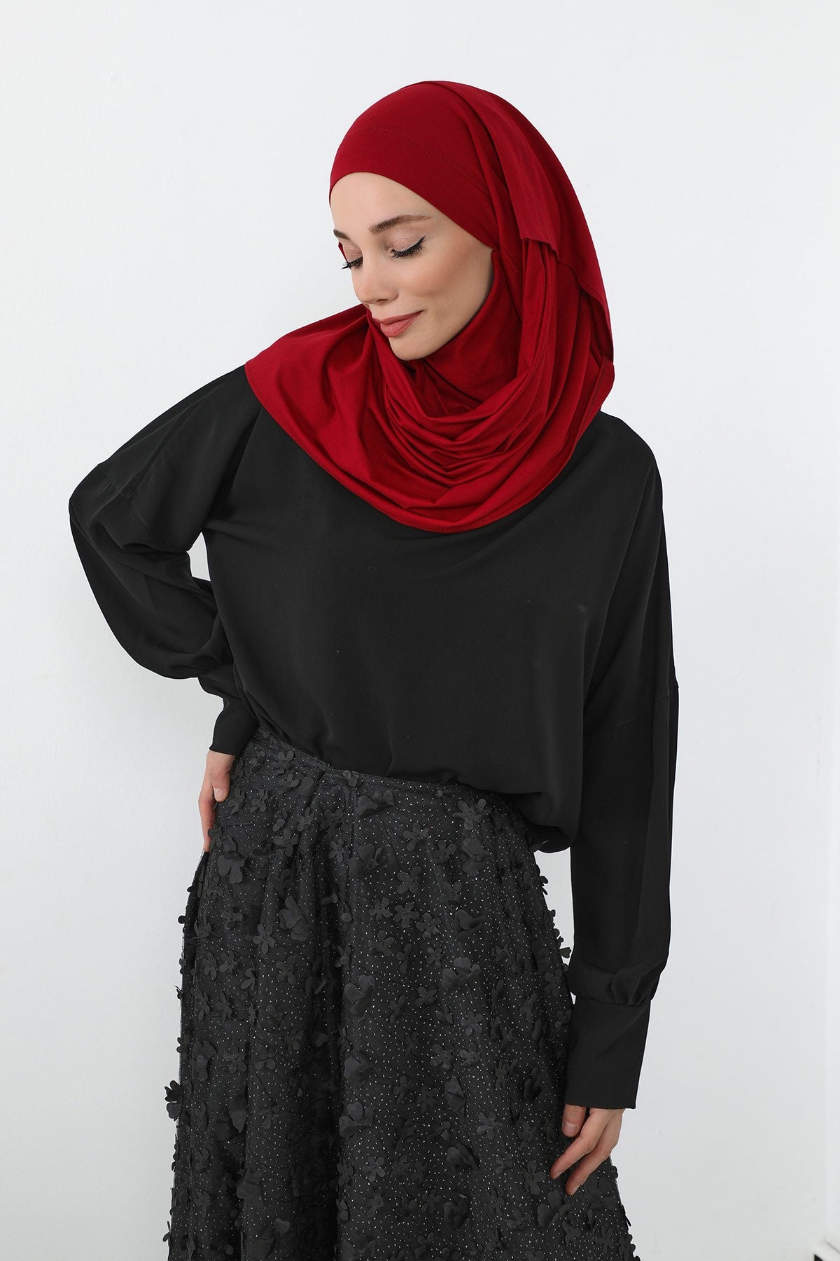Neck-Covering Jersey Hijab with Built-In Niqab and Undercap, Premium Jersey Hijab with Integrated Bonnet and Face Veil,PS-58 Maroon