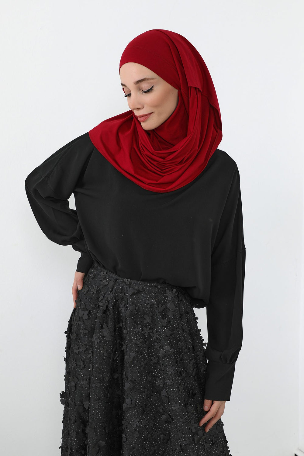 Neck-Covering Jersey Hijab with Built-In Niqab and Undercap, Premium Jersey Hijab with Integrated Bonnet and Face Veil,PS-58 Maroon