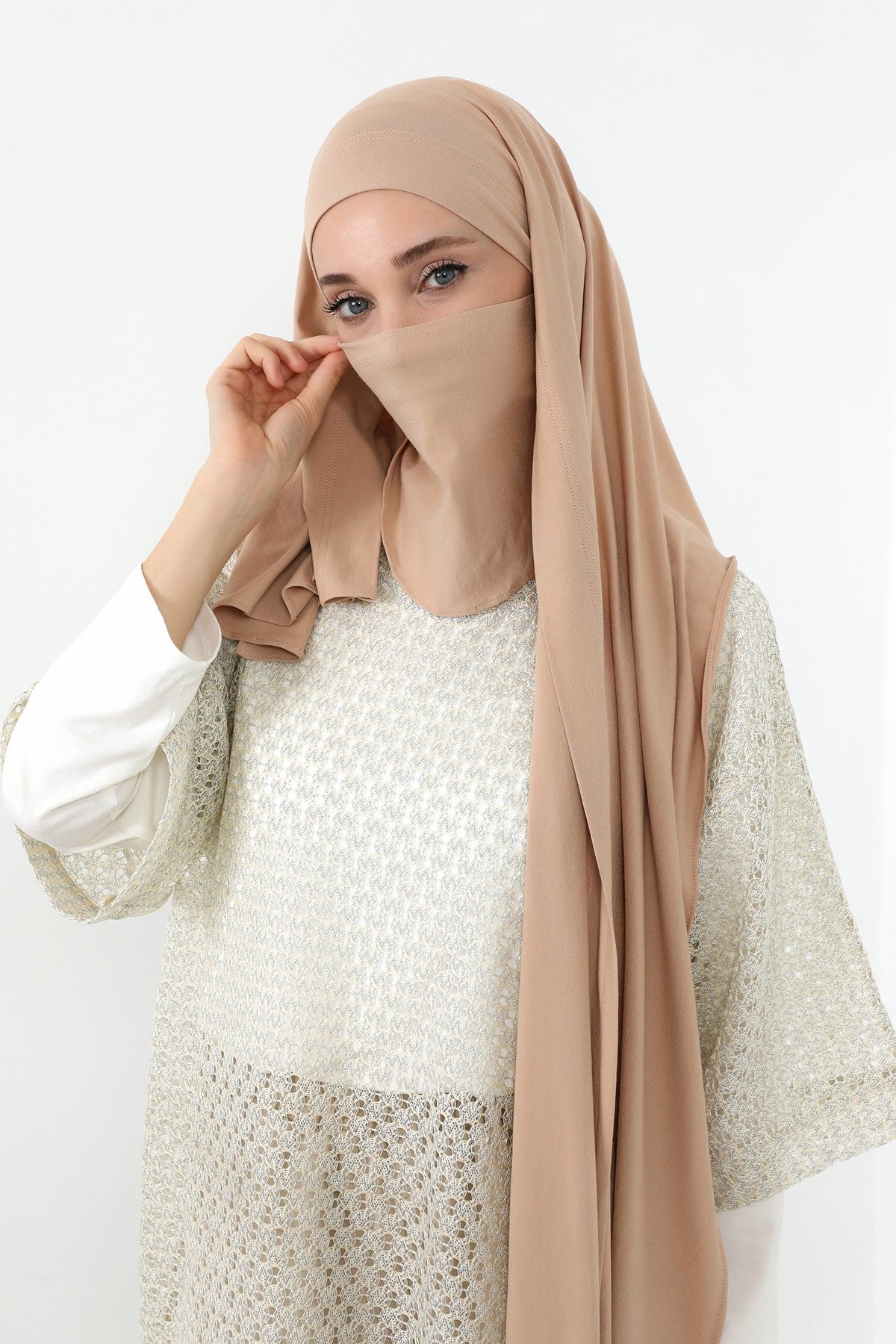 Neck-Covering Jersey Hijab with Built-In Niqab and Undercap, Premium Jersey Hijab with Integrated Bonnet and Face Veil,PS-58 Light Mink