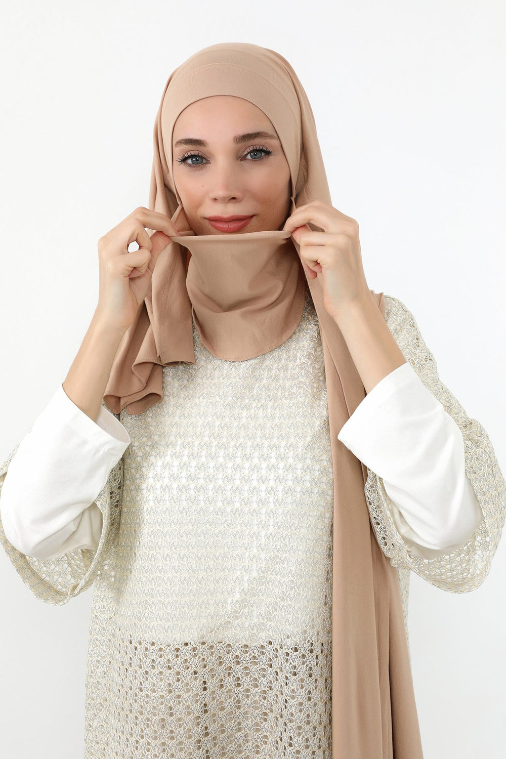 Neck-Covering Jersey Hijab with Built-In Niqab and Undercap, Premium Jersey Hijab with Integrated Bonnet and Face Veil,PS-58 Light Mink