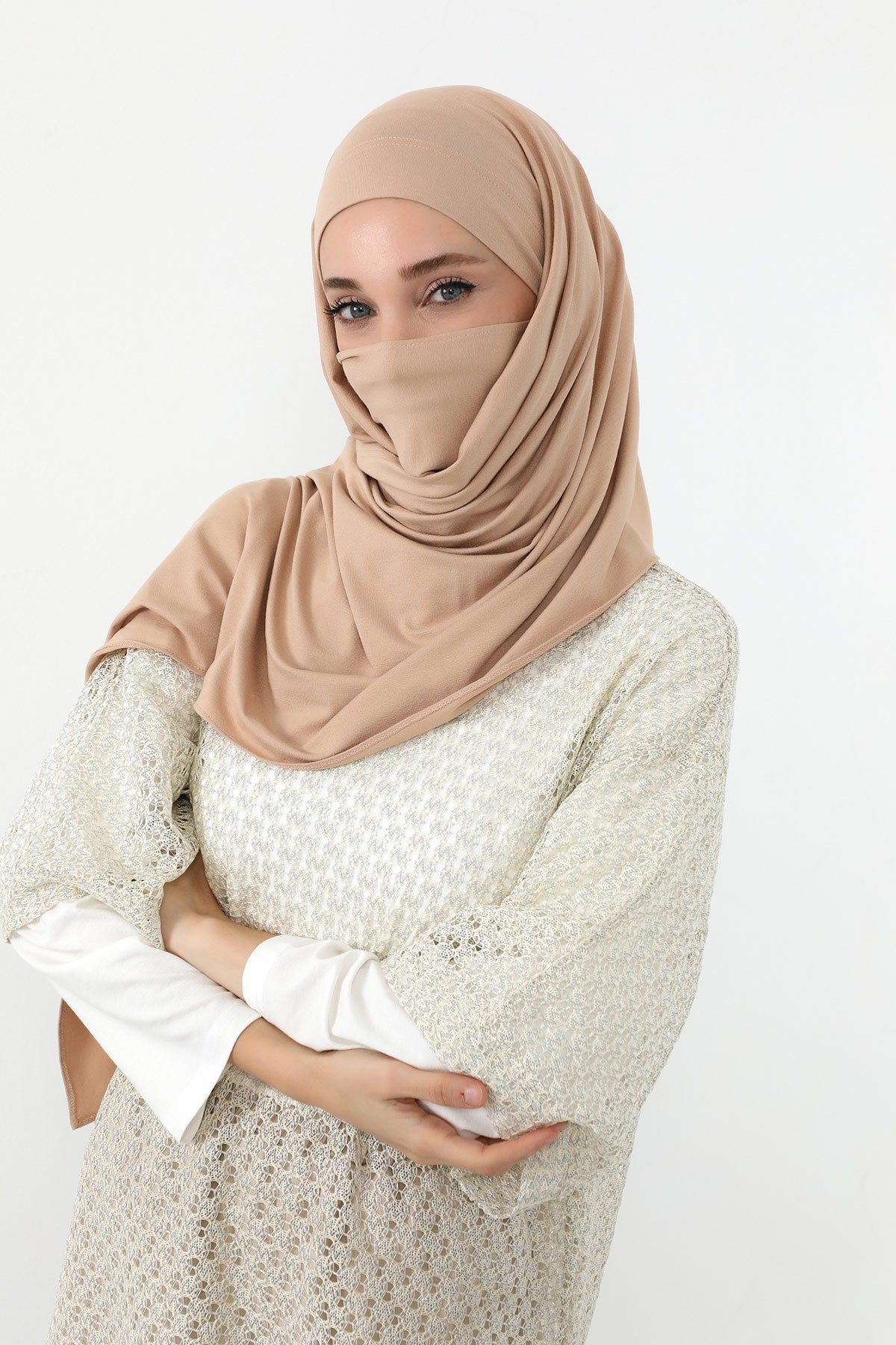 Neck-Covering Jersey Hijab with Built-In Niqab and Undercap, Premium Jersey Hijab with Integrated Bonnet and Face Veil,PS-58 Light Mink