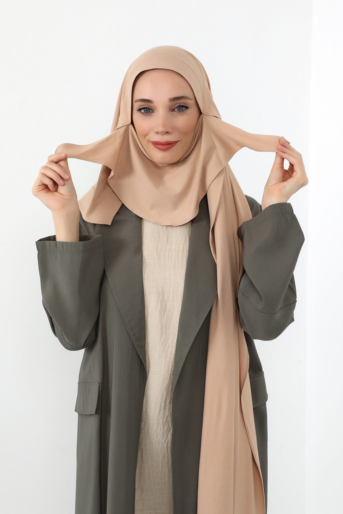 Neck-Covering Jersey Hijab with Built-In Niqab and Undercap, Premium Jersey Hijab with Integrated Bonnet and Face Veil,PS-58 Light Mink