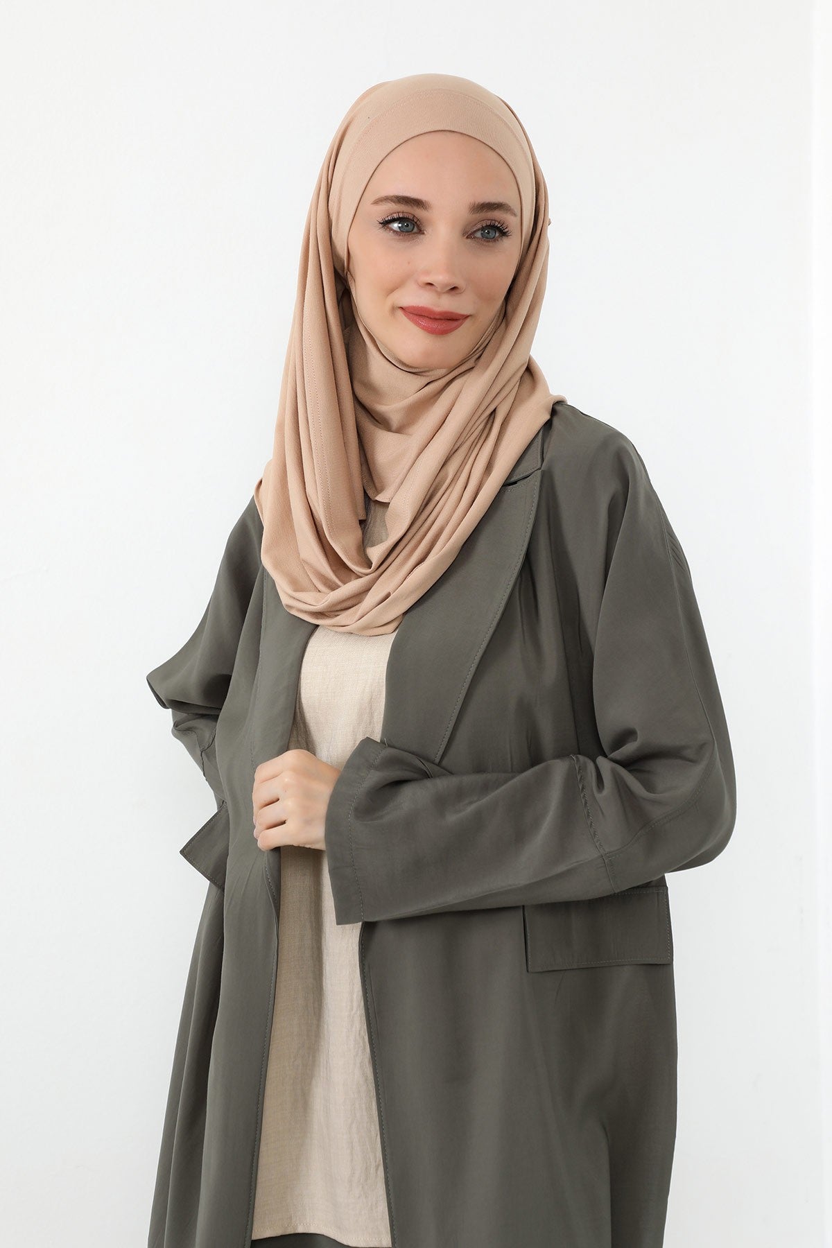 Neck-Covering Jersey Hijab with Built-In Niqab and Undercap, Premium Jersey Hijab with Integrated Bonnet and Face Veil,PS-58 Light Mink