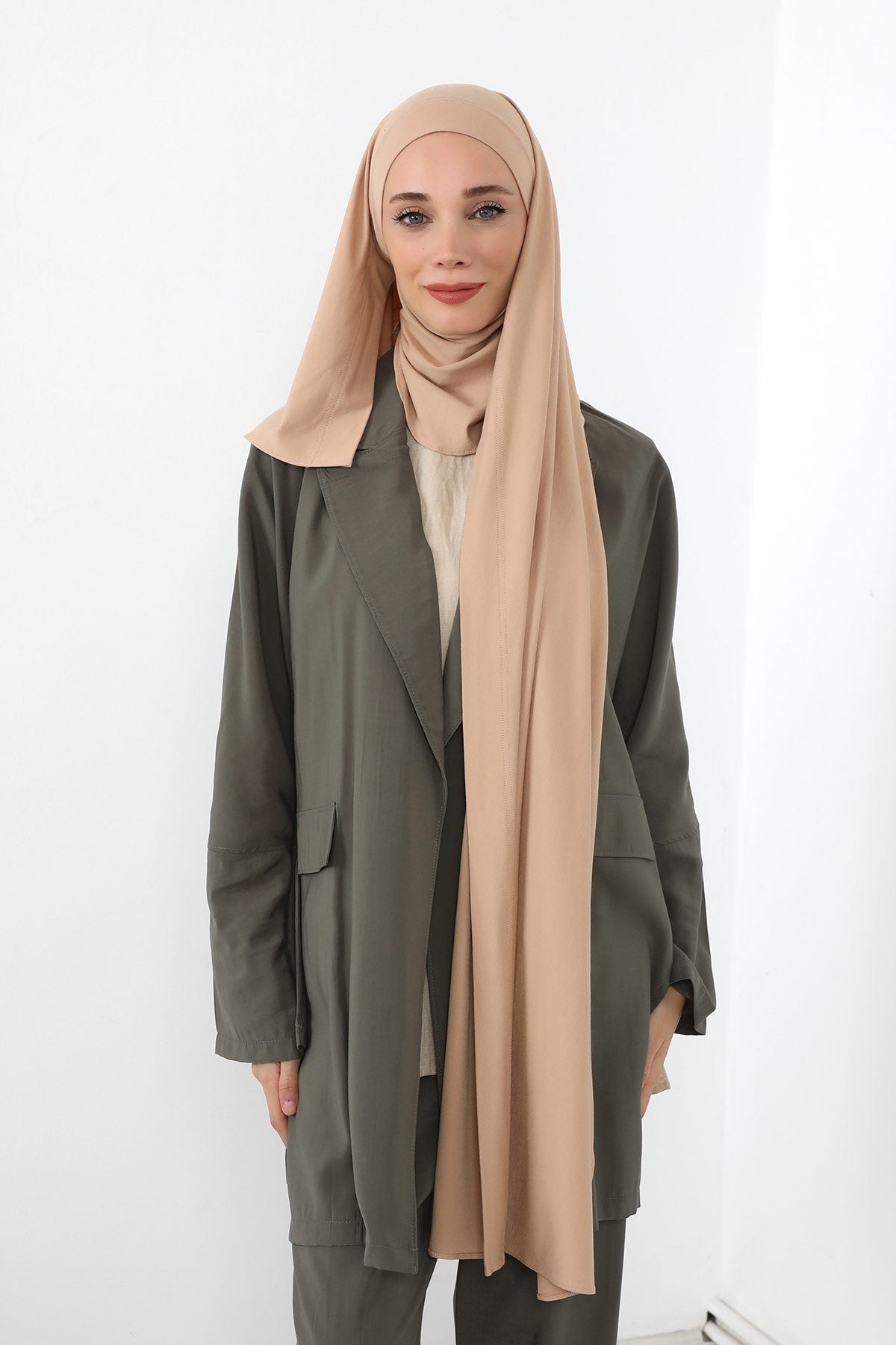 Neck-Covering Jersey Hijab with Built-In Niqab and Undercap, Premium Jersey Hijab with Integrated Bonnet and Face Veil,PS-58 Light Mink