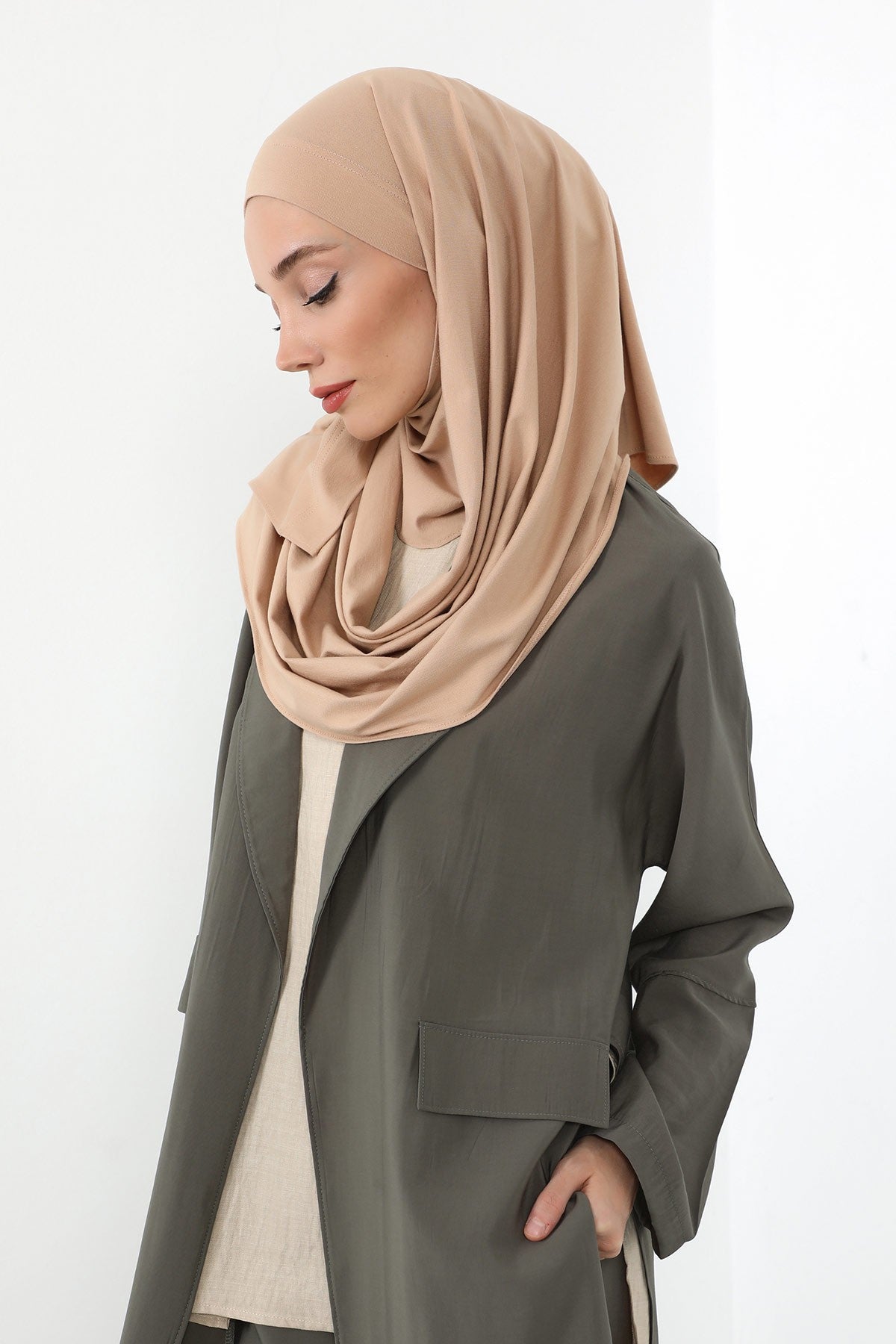 Neck-Covering Jersey Hijab with Built-In Niqab and Undercap, Premium Jersey Hijab with Integrated Bonnet and Face Veil,PS-58 Light Mink