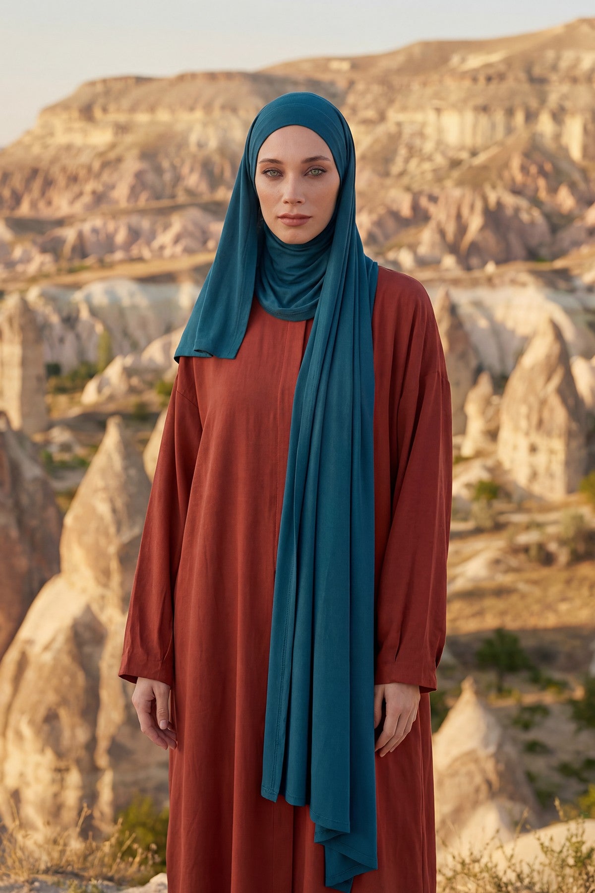 Neck-Covering Jersey Hijab with Built-In Niqab and Undercap, Premium Jersey Hijab with Integrated Bonnet and Face Veil,PS-58 Petrol Blue