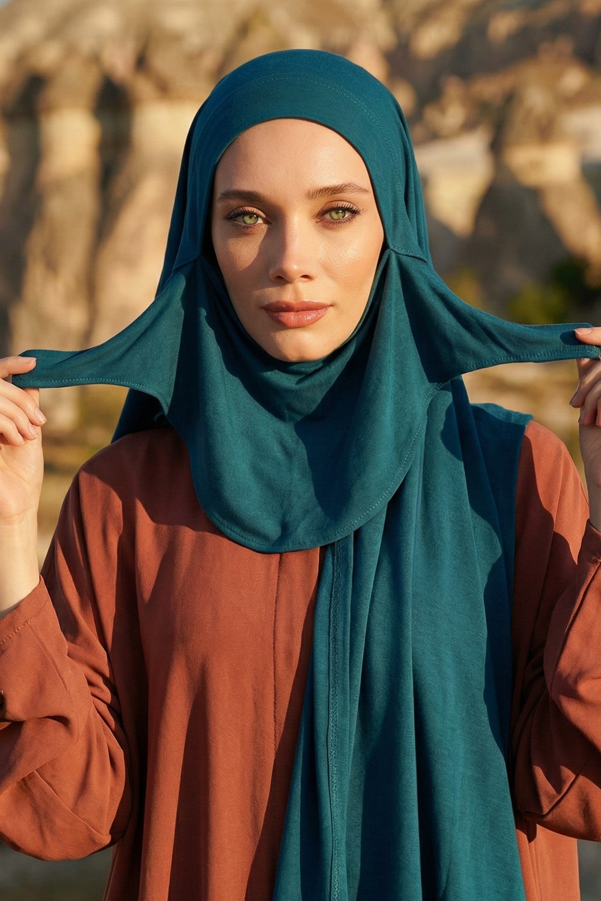 Neck-Covering Jersey Hijab with Built-In Niqab and Undercap, Premium Jersey Hijab with Integrated Bonnet and Face Veil,PS-58 Petrol Blue