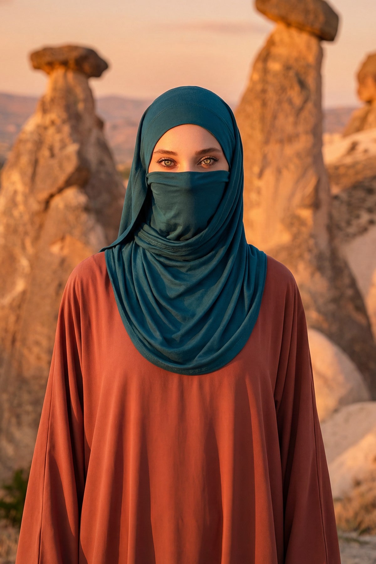 Neck-Covering Jersey Hijab with Built-In Niqab and Undercap, Premium Jersey Hijab with Integrated Bonnet and Face Veil,PS-58 Petrol Blue