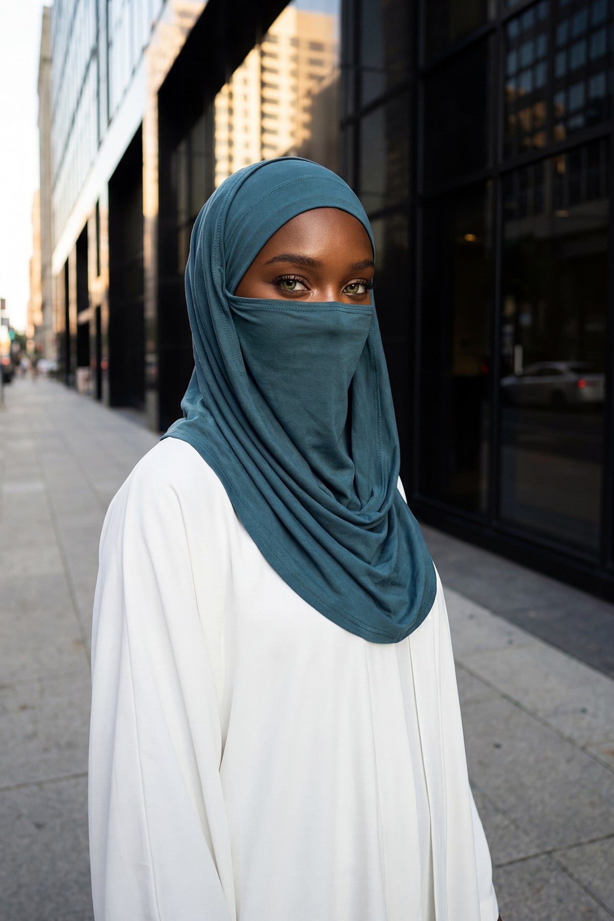 Neck-Covering Jersey Hijab with Built-In Niqab and Undercap, Premium Jersey Hijab with Integrated Bonnet and Face Veil,PS-58 Petrol Blue