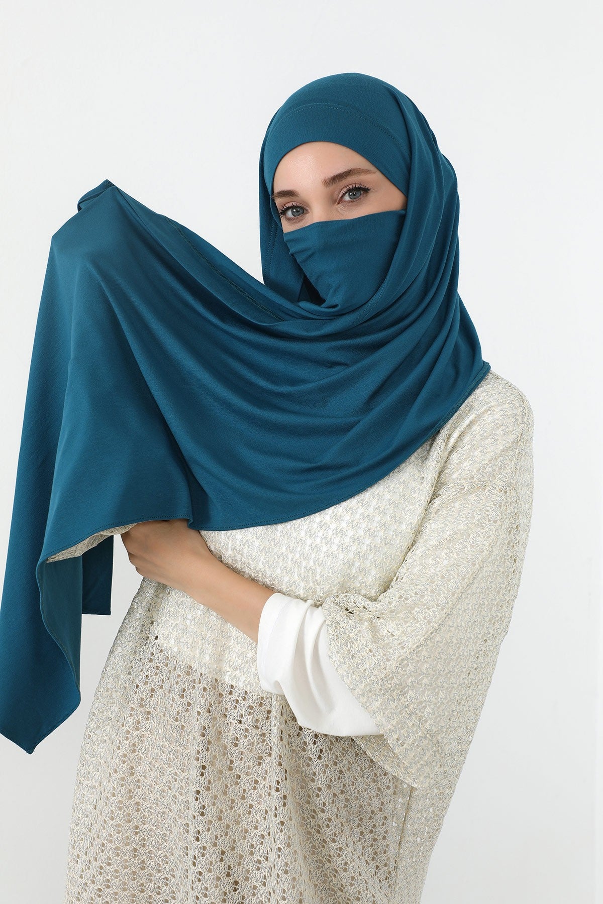Neck-Covering Jersey Hijab with Built-In Niqab and Undercap, Premium Jersey Hijab with Integrated Bonnet and Face Veil,PS-58 Petrol Blue