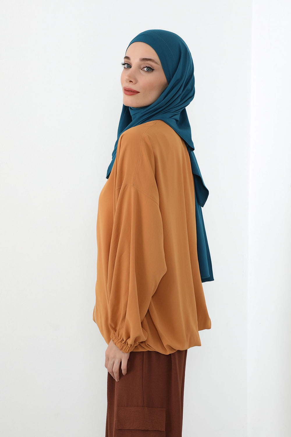 Neck-Covering Jersey Hijab with Built-In Niqab and Undercap, Premium Jersey Hijab with Integrated Bonnet and Face Veil,PS-58 Petrol Blue