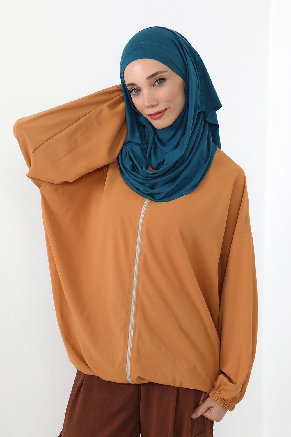 Neck-Covering Jersey Hijab with Built-In Niqab and Undercap, Premium Jersey Hijab with Integrated Bonnet and Face Veil,PS-58 Petrol Blue