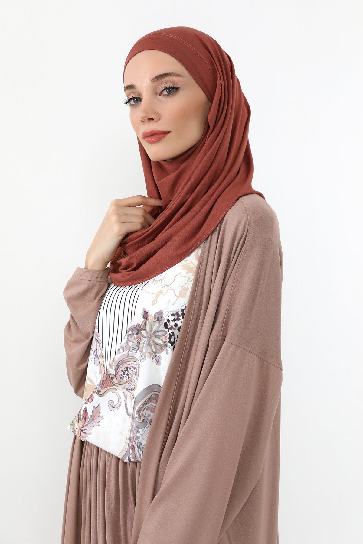 Neck-Covering Jersey Hijab with Built-In Niqab and Undercap, Premium Jersey Hijab with Integrated Bonnet and Face Veil,PS-58 Cinnamon