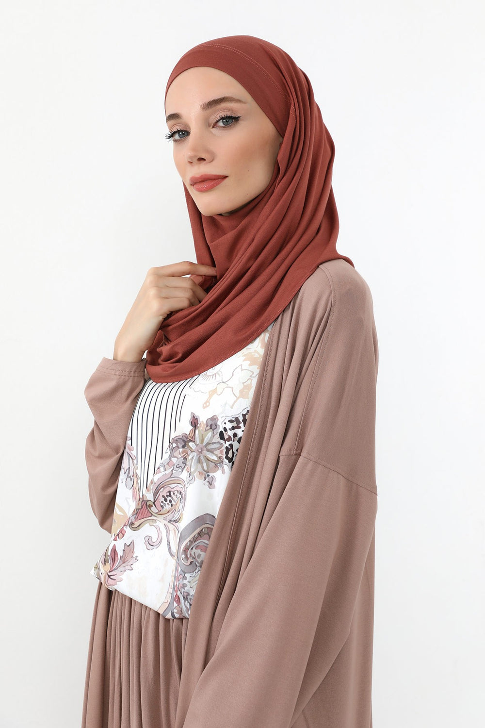 Neck-Covering Jersey Hijab with Built-In Niqab and Undercap, Premium Jersey Hijab with Integrated Bonnet and Face Veil,PS-58 Cinnamon
