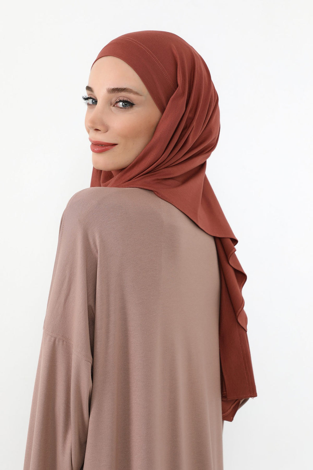 Neck-Covering Jersey Hijab with Built-In Niqab and Undercap, Premium Jersey Hijab with Integrated Bonnet and Face Veil,PS-58 Cinnamon