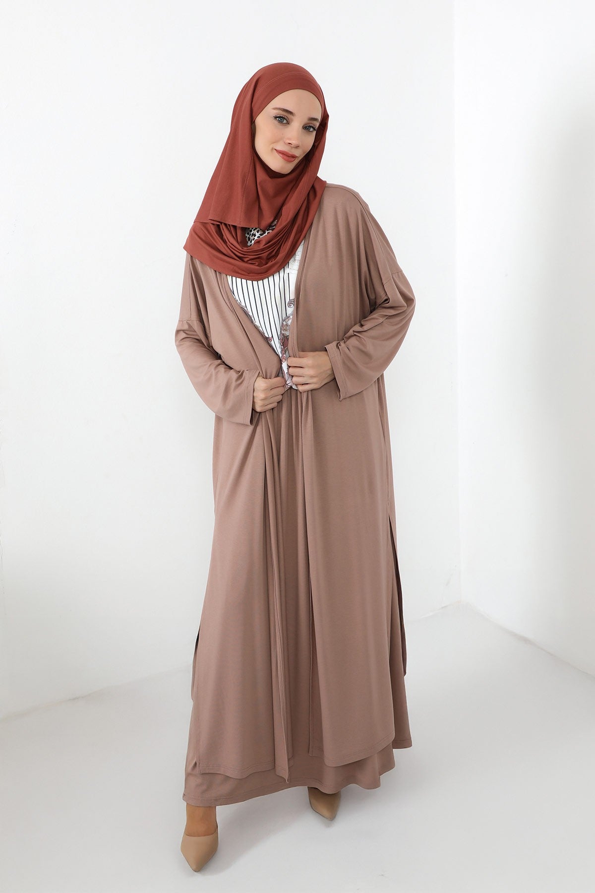 Neck-Covering Jersey Hijab with Built-In Niqab and Undercap, Premium Jersey Hijab with Integrated Bonnet and Face Veil,PS-58 Cinnamon