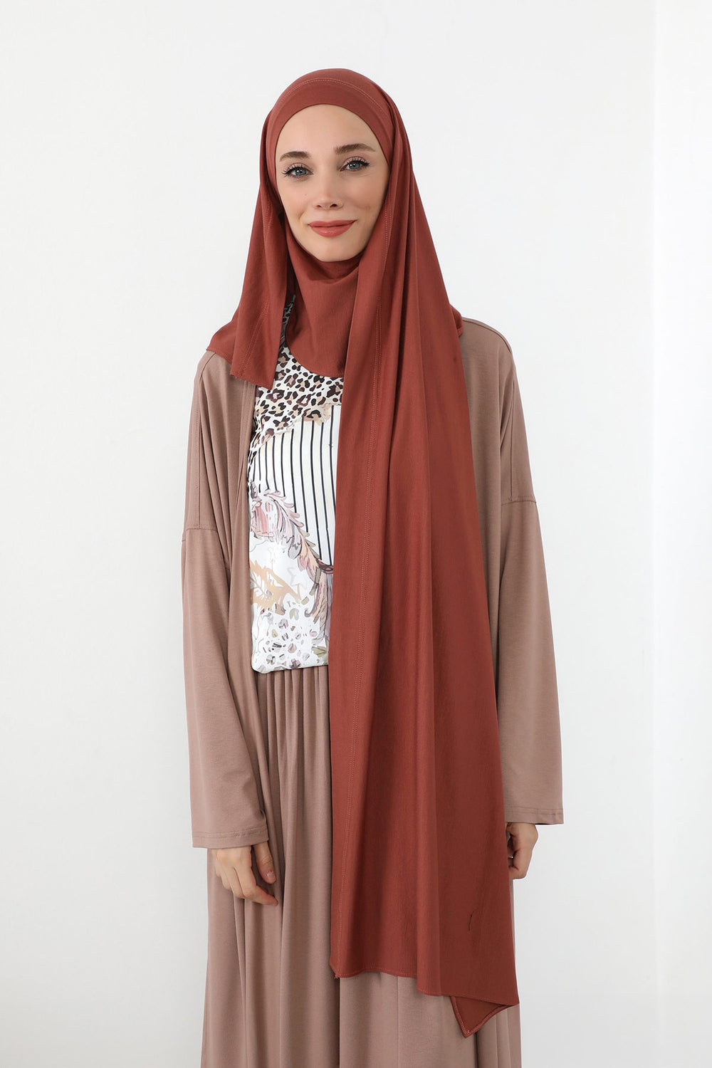 Neck-Covering Jersey Hijab with Built-In Niqab and Undercap, Premium Jersey Hijab with Integrated Bonnet and Face Veil,PS-58 Cinnamon