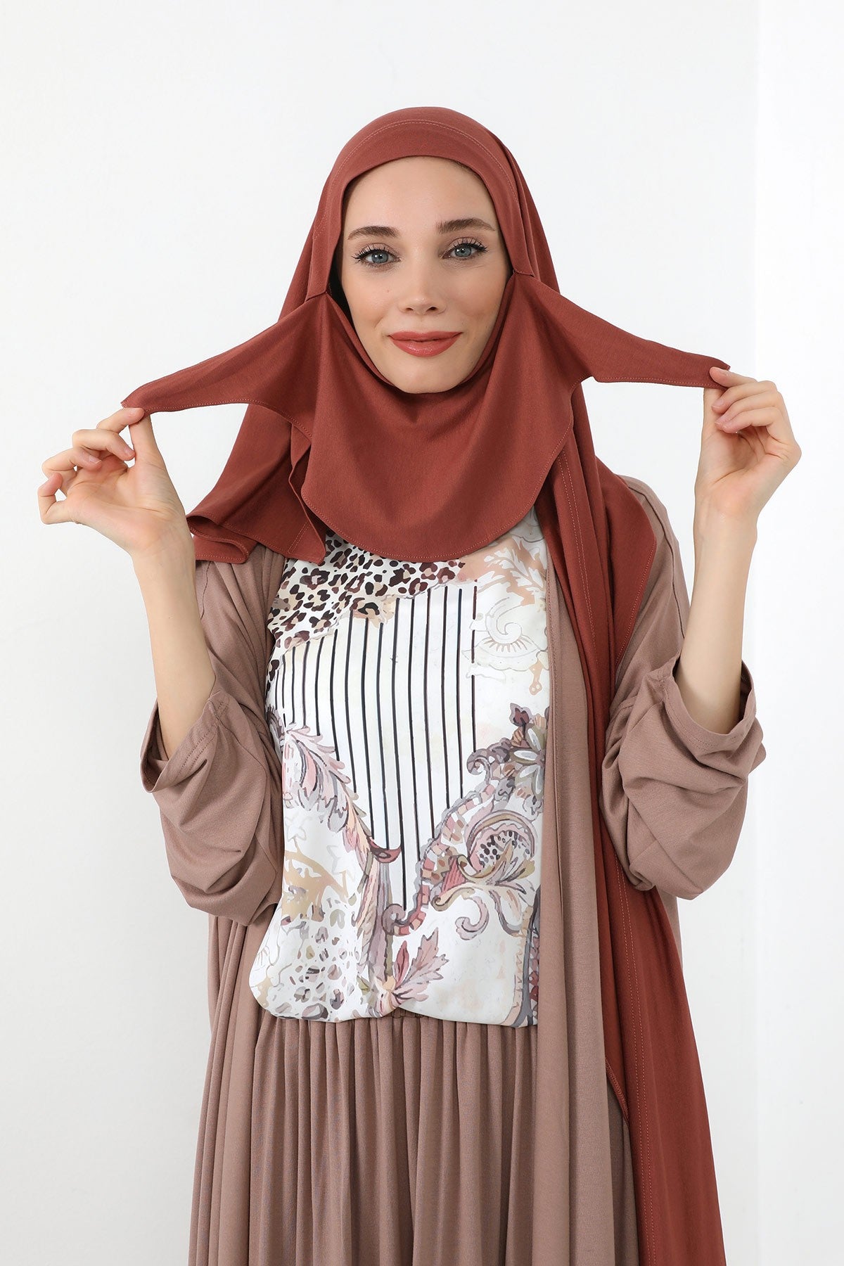 Neck-Covering Jersey Hijab with Built-In Niqab and Undercap, Premium Jersey Hijab with Integrated Bonnet and Face Veil,PS-58 Cinnamon