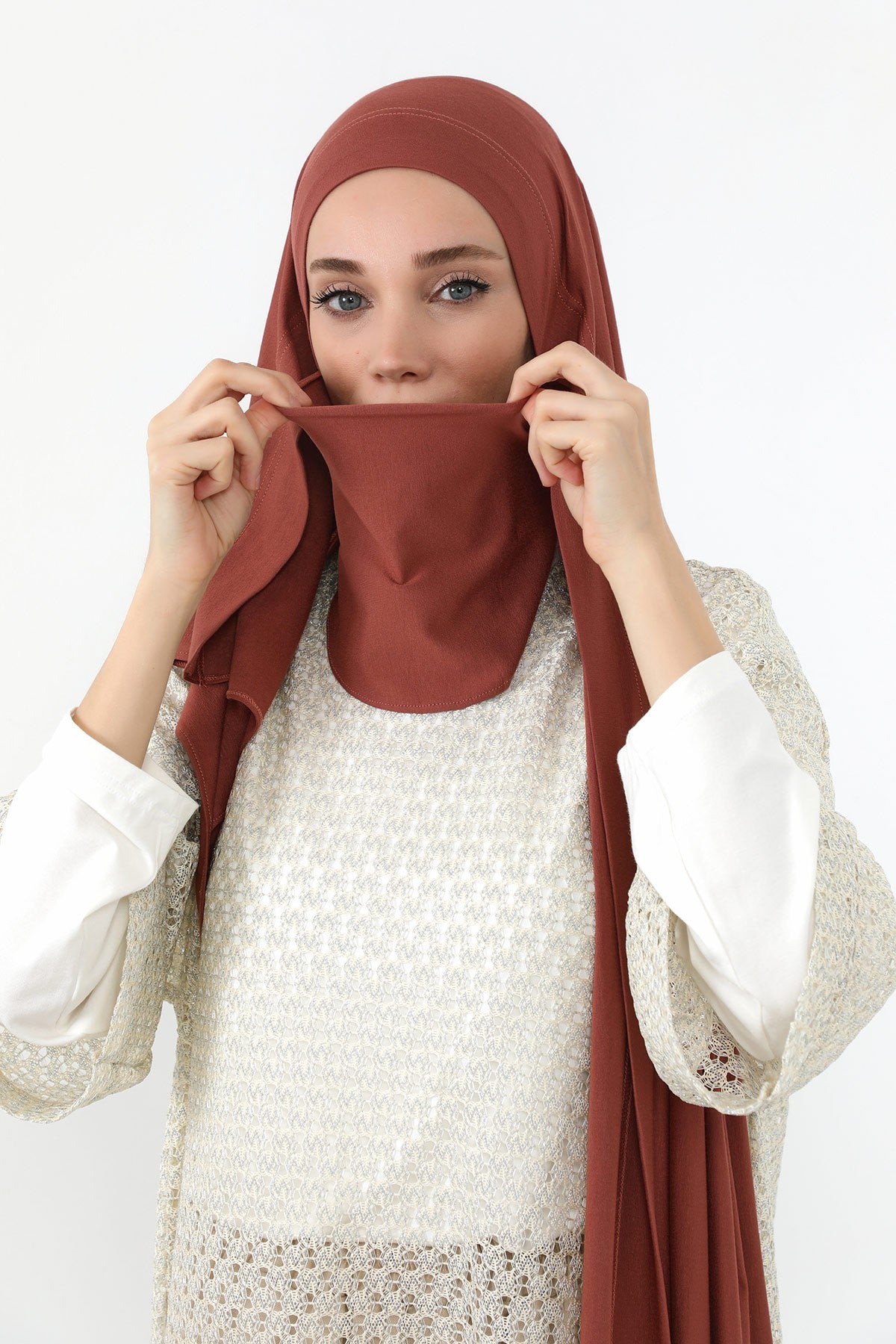 Neck-Covering Jersey Hijab with Built-In Niqab and Undercap, Premium Jersey Hijab with Integrated Bonnet and Face Veil,PS-58 Cinnamon